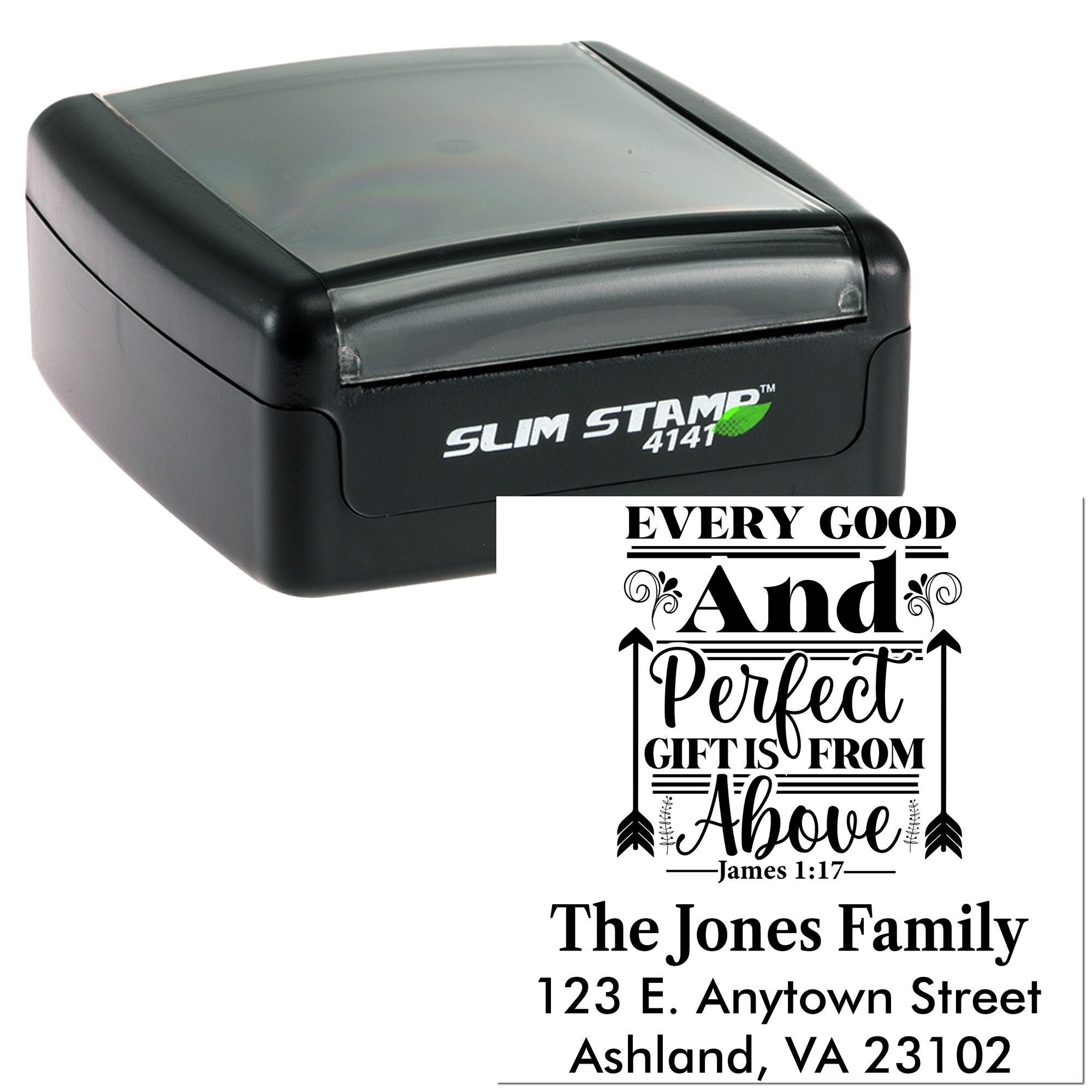 Custom self-inking rubber stamp with Bible verse and return address, ideal for personalized family stationery, gifts, and cards.