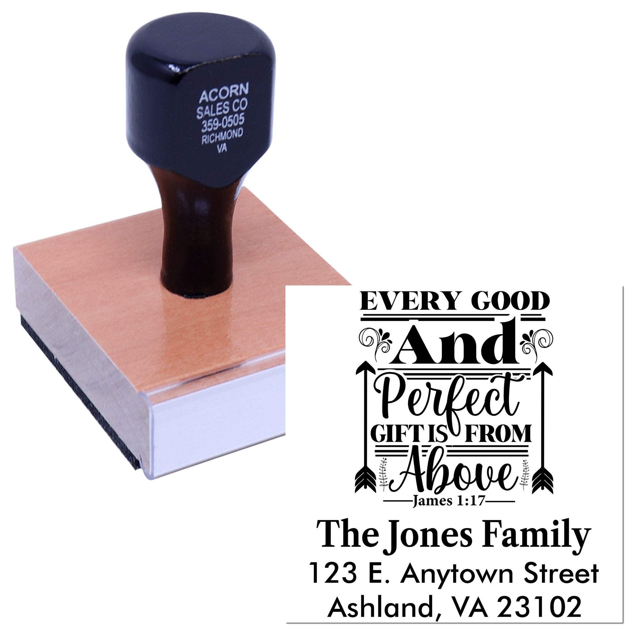 Custom rubber return address stamp with inspirational Bible verse design for The Jones Family, Ashland, VA.