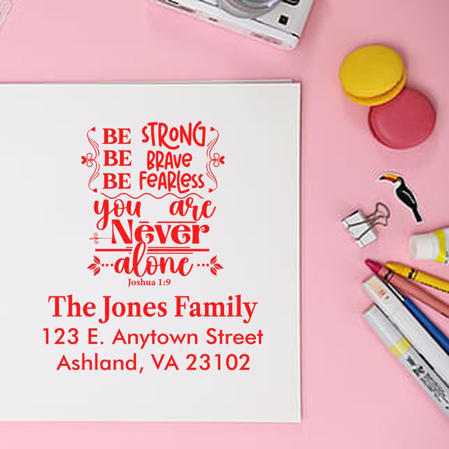 Custom rubber stamp design with inspirational quote and personalized family name and address for stationery or DIY crafts