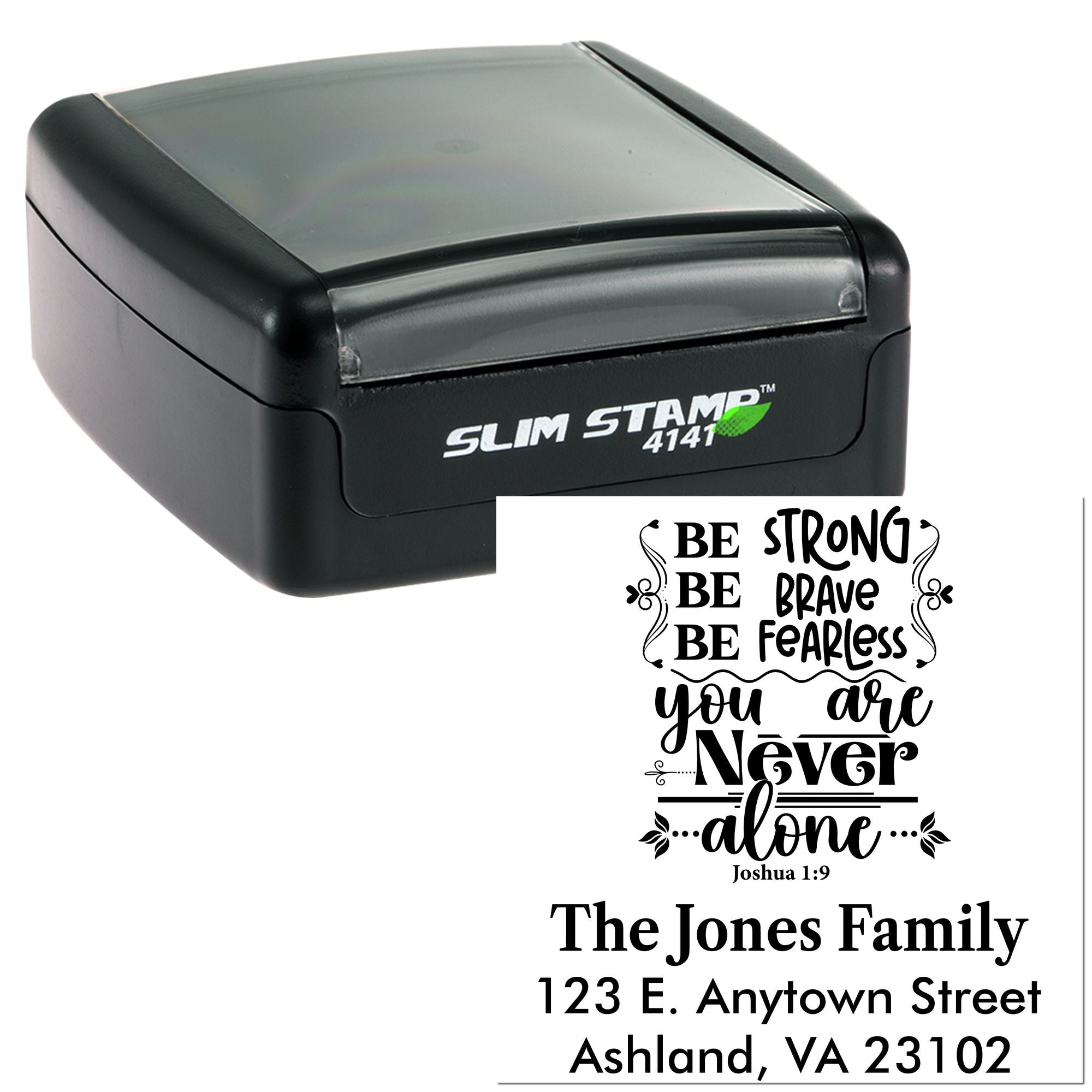 Custom self-inking rubber stamp for address labels and inspirational quote designs, shown with Slim Stamp 4141.
