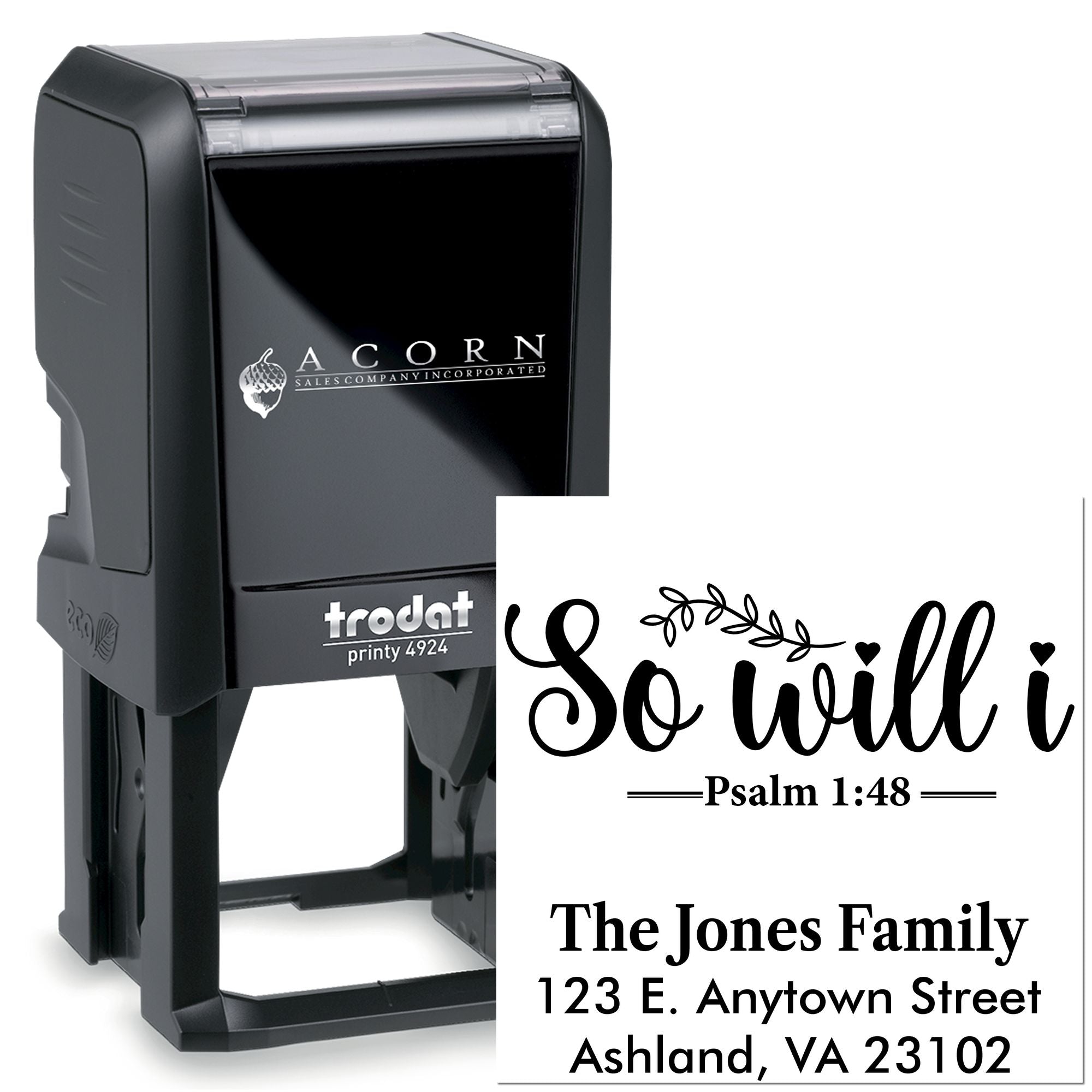 Custom self-inking rubber stamp with So will I Bible verse and personalized family return address design
