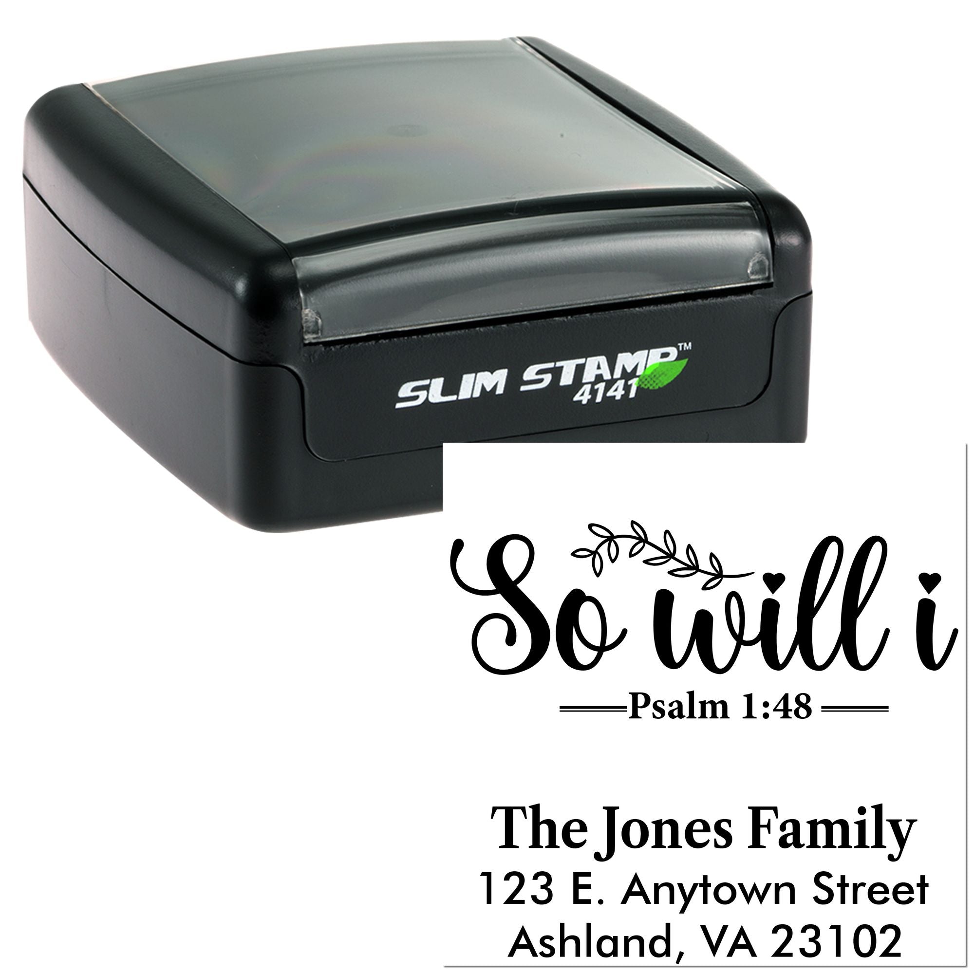 Custom self-inking rubber address stamp with Bible verse, family name, and mailing address design.