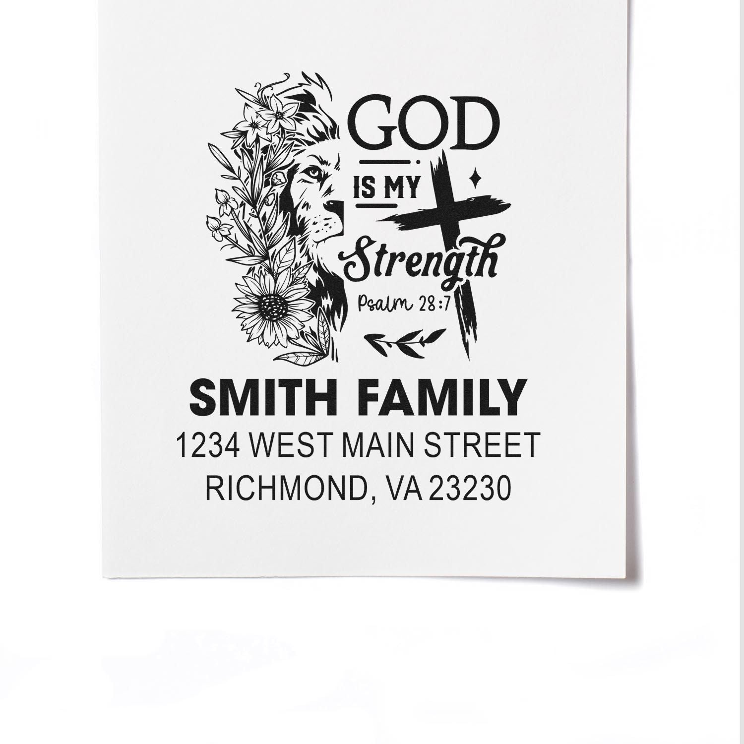Custom Christian return address rubber stamp with lion and floral cross, Psalm 28:7, Smith family, Richmond, VA.