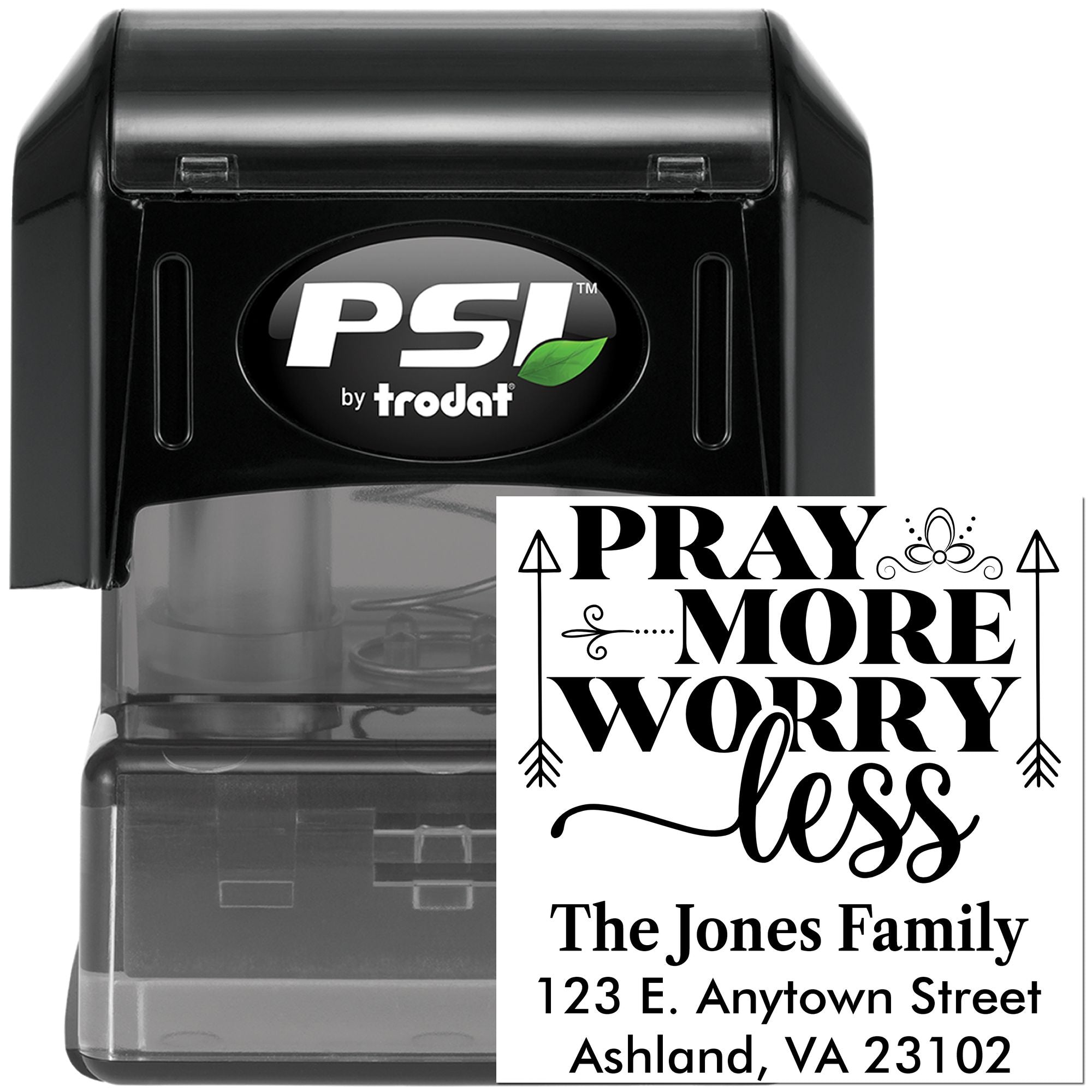 Custom self-inking rubber stamp for faith-based mailings, featuring Pray More Worry Less and a family return address.