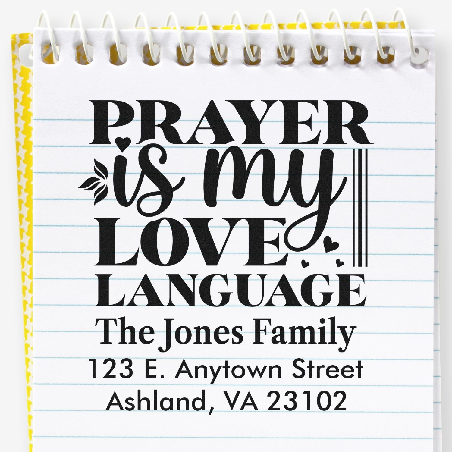 Personalized rubber stamp design reading Prayer is my love language with family name and address for custom stationery.
