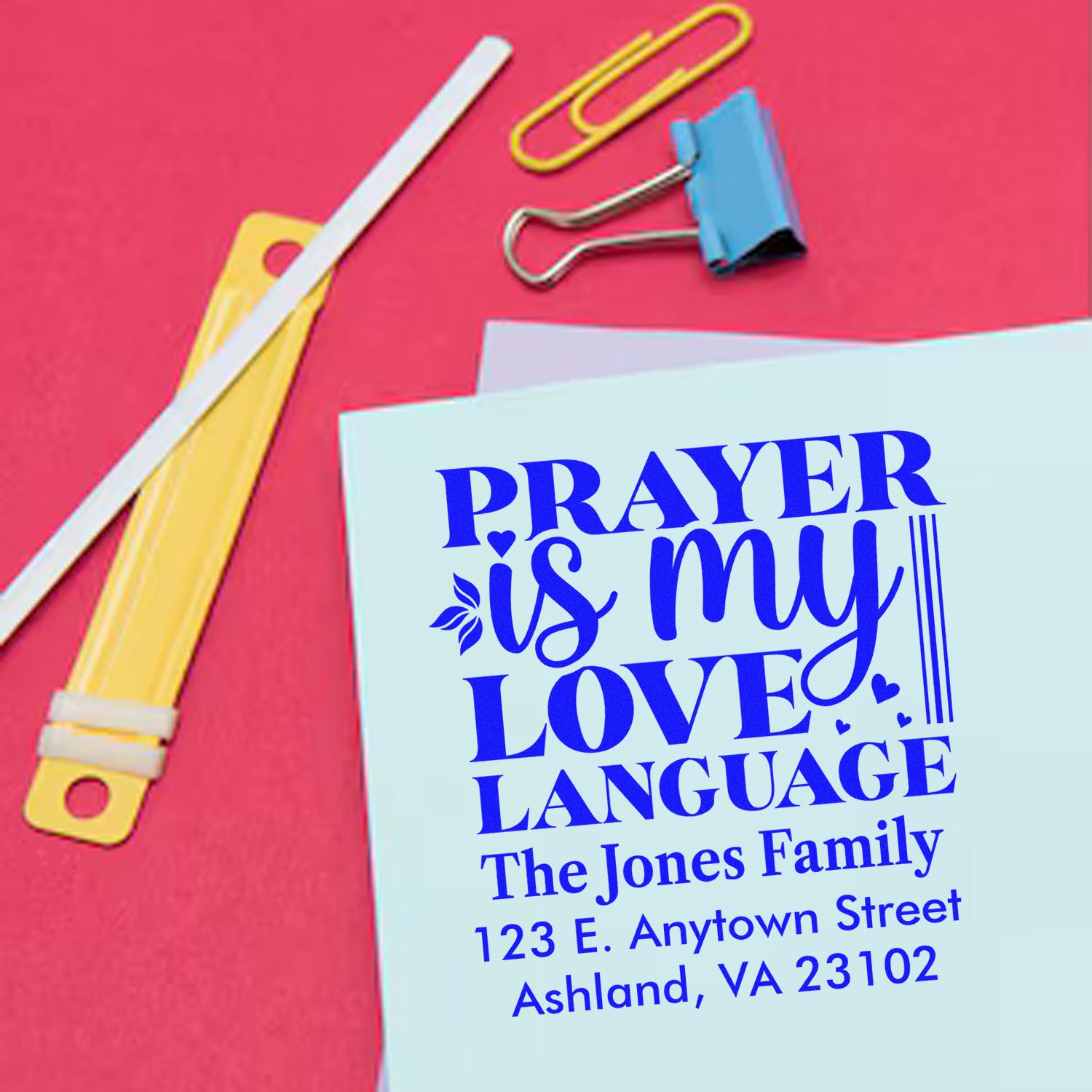 Custom rubber stamp design reading Prayer Is My Love Language with personalized family address.