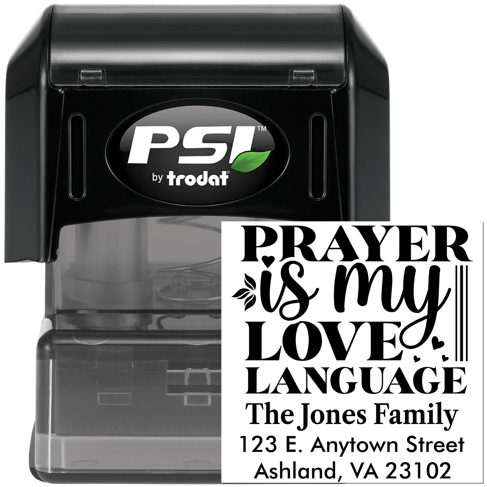Custom self-inking rubber stamp with Prayer Is My Love Language and personalized family return address text.