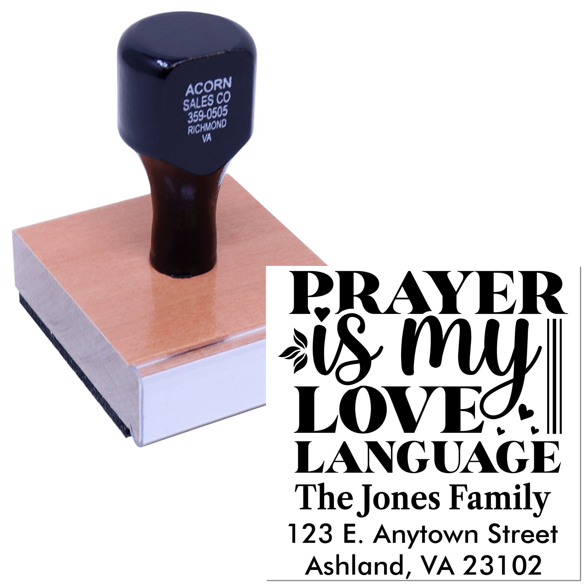 Custom return address rubber stamp with Prayer is My Love Language design for personalized Christian stationery.