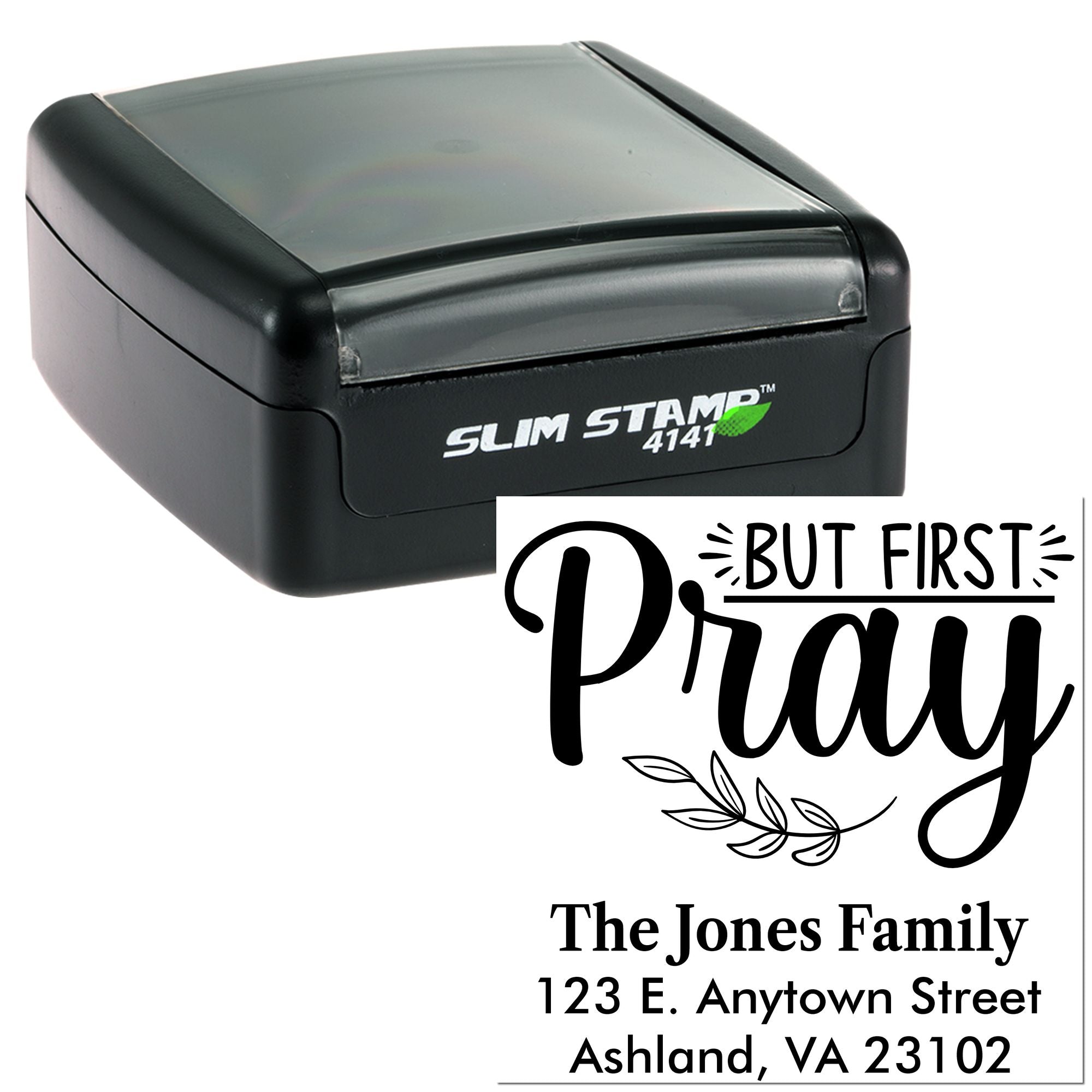 Custom self-inking rubber address stamp with But First Pray design, family name, and address for personalized mailing.