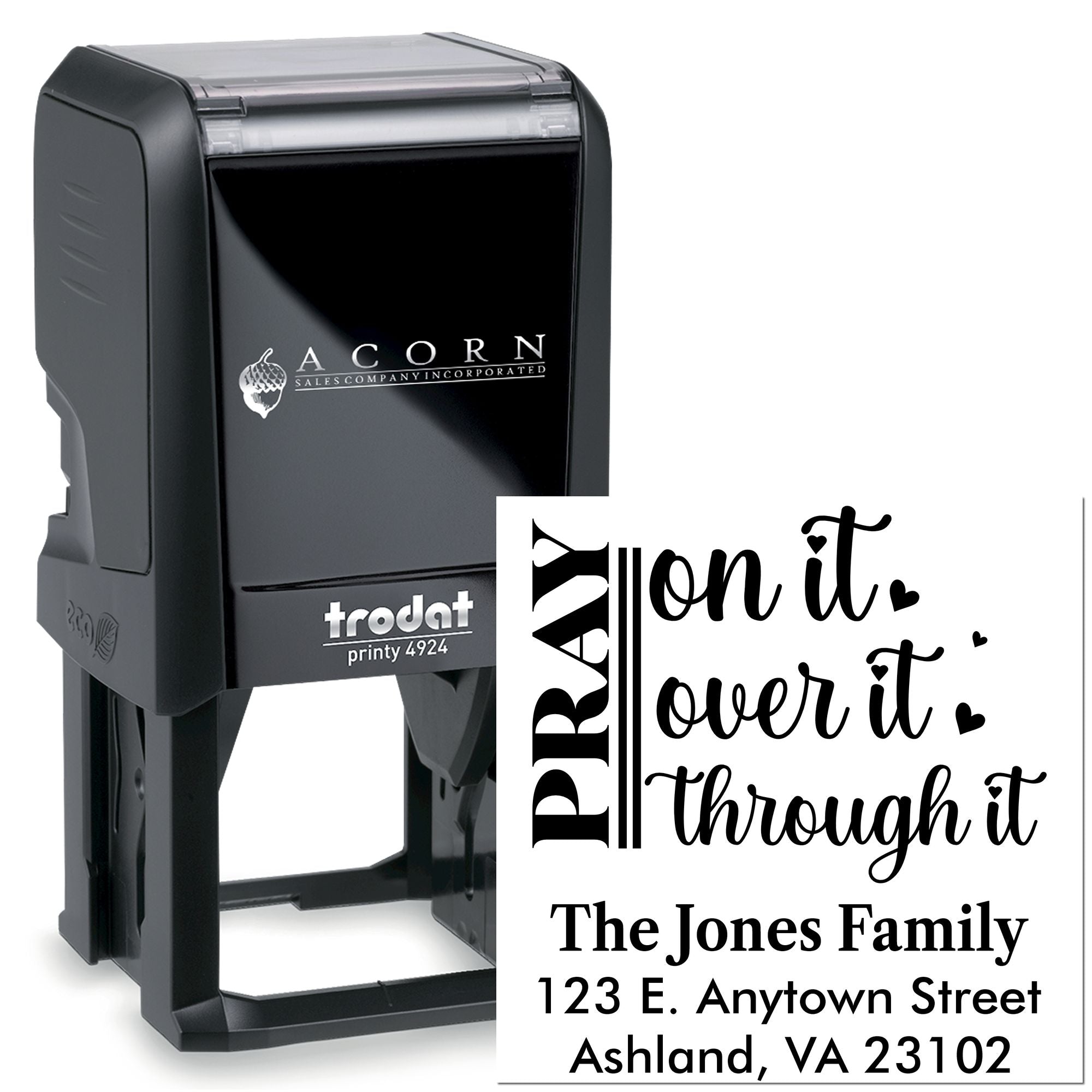 Custom self-inking rubber stamp with prayer message and personalized family return address for mailing.