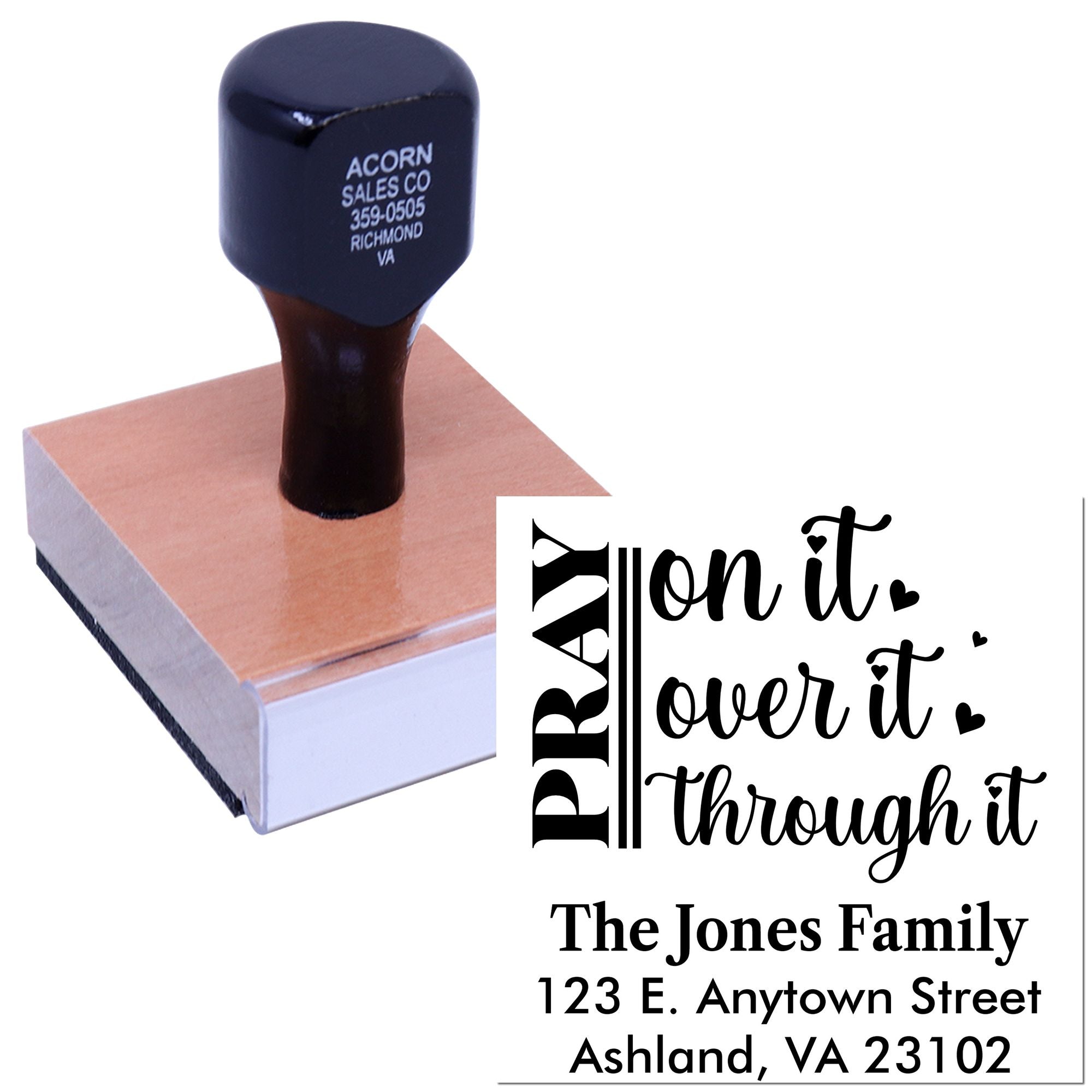 Custom self-inking rubber address stamp with inspirational Pray on it, lower it, through it family imprint.