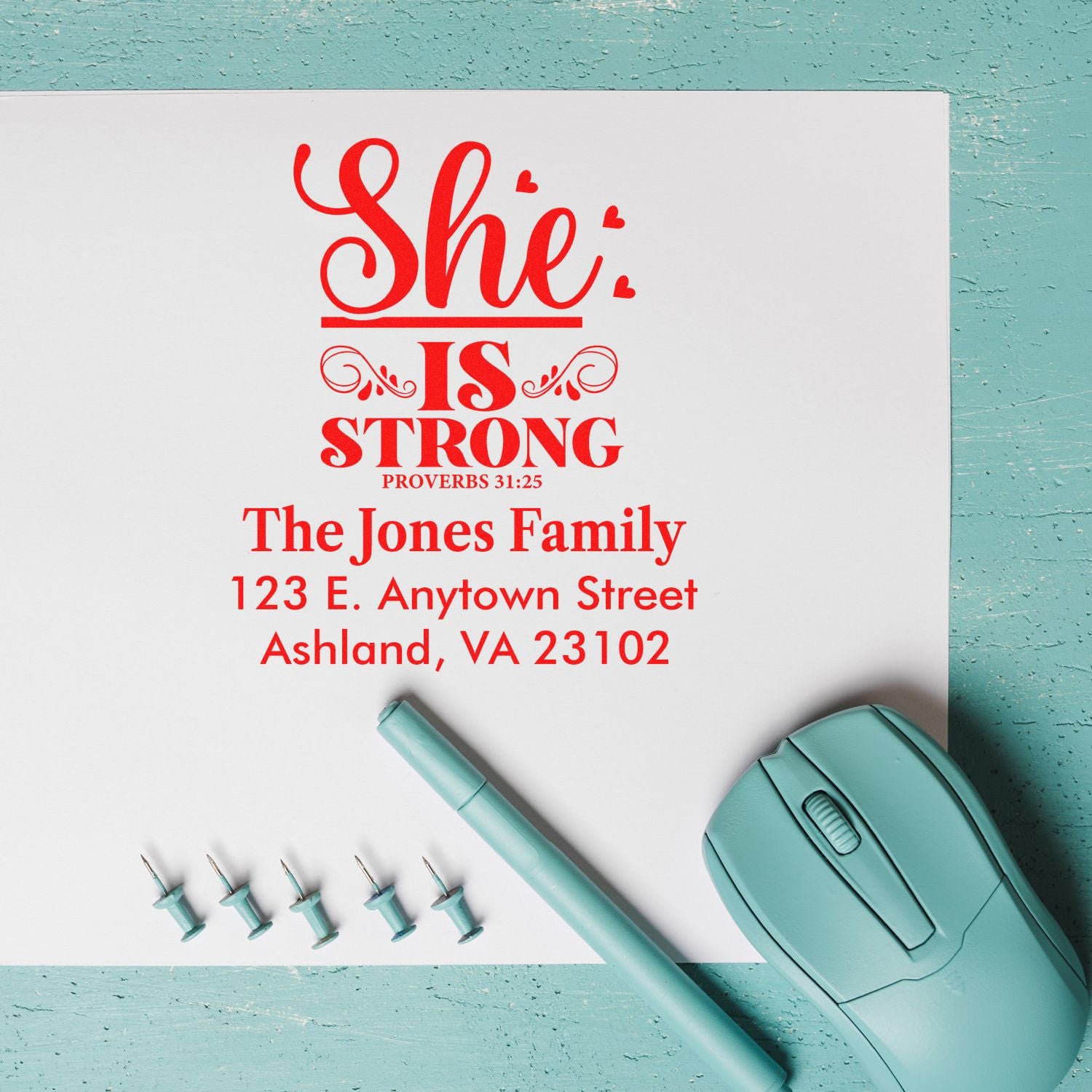 Custom return address rubber stamp with Proverbs 31:25 She is Strong family design.