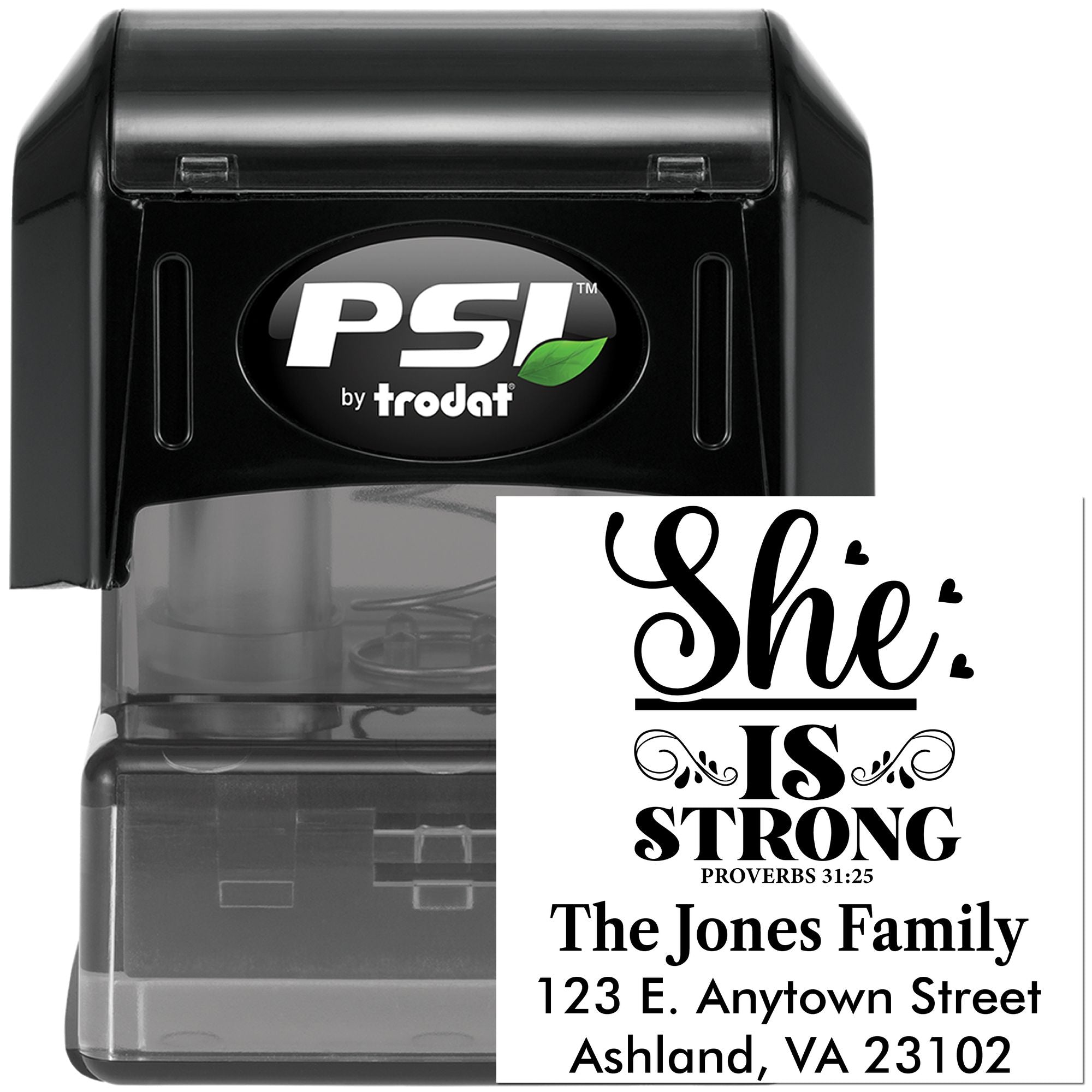 Custom self-inking rubber stamp with Bible verse and return address for personalized family mailings.