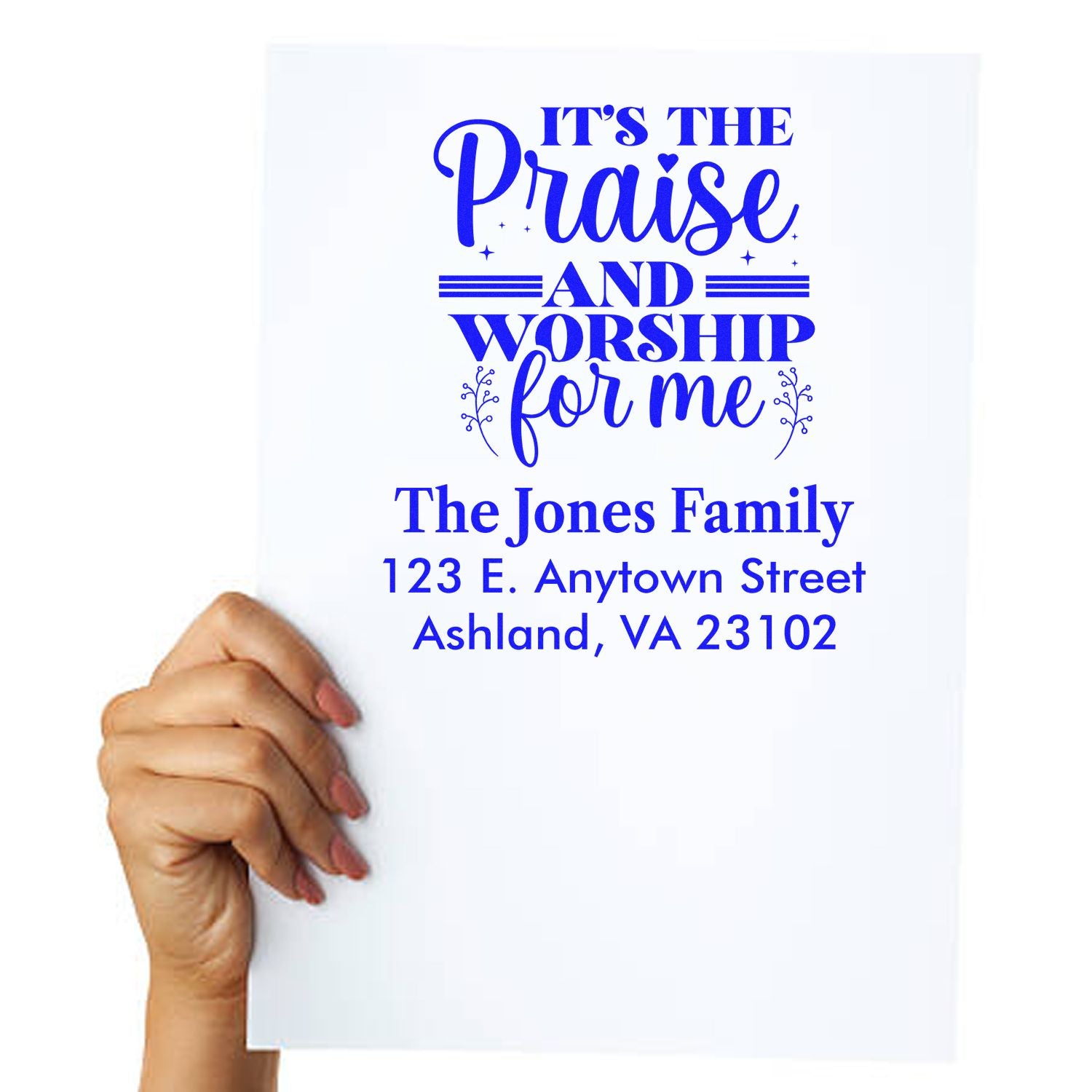 Custom church rubber stamp design with Its the Praise and Worship for me and personalized family name and return address.