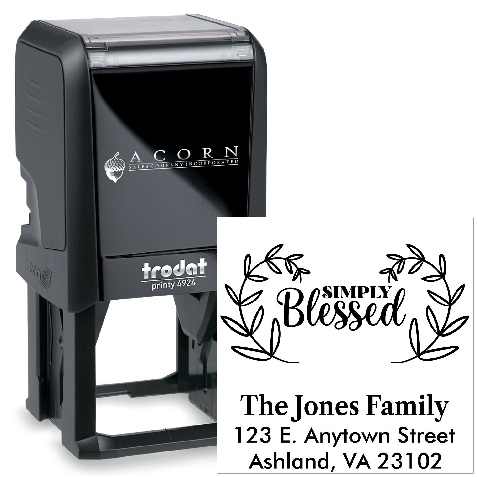 Custom self-inking address rubber stamp with Simply Blessed wreath design for The Jones Family.