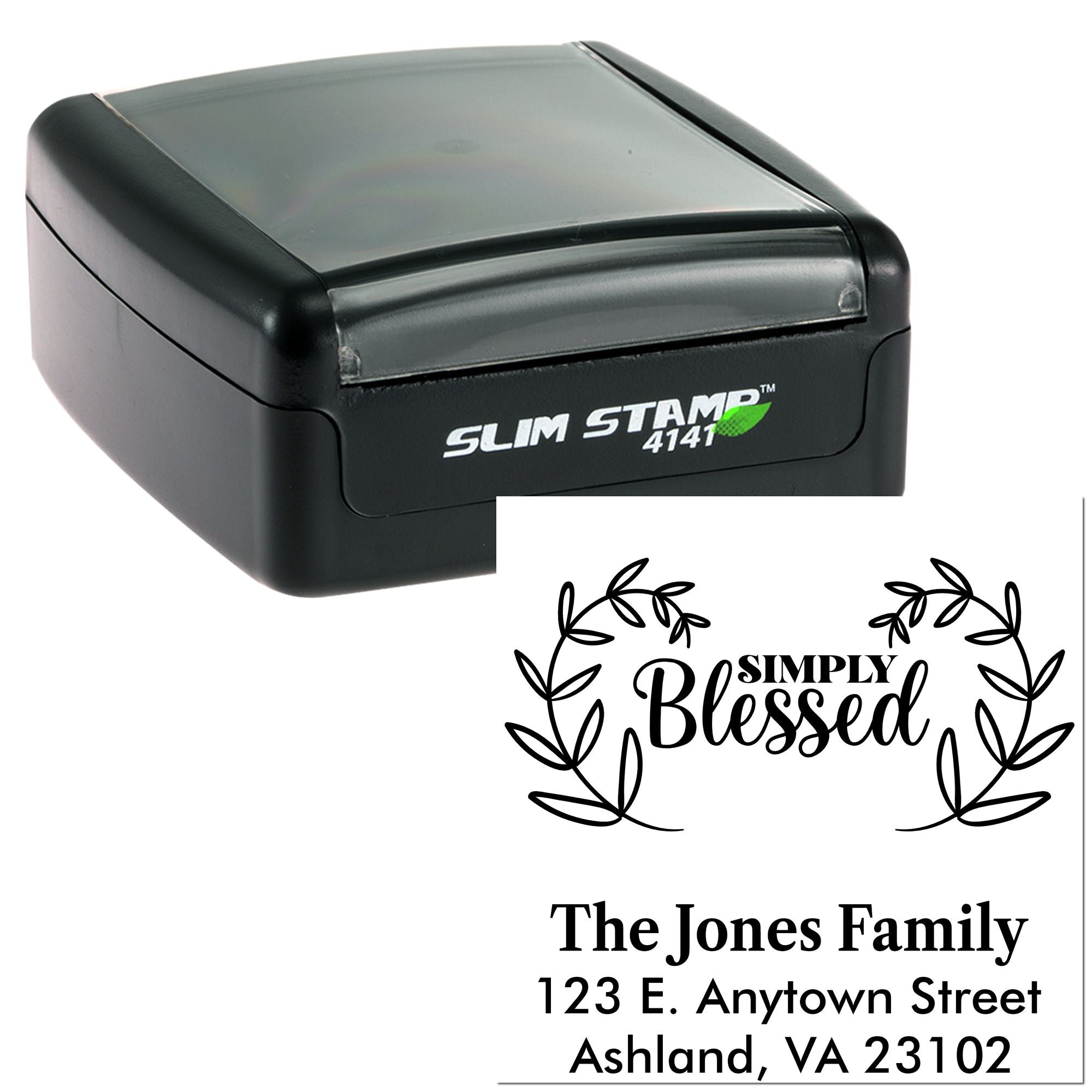 Slim Stamp custom self-inking rubber stamp with Simply Blessed wreath and personalized family return address.