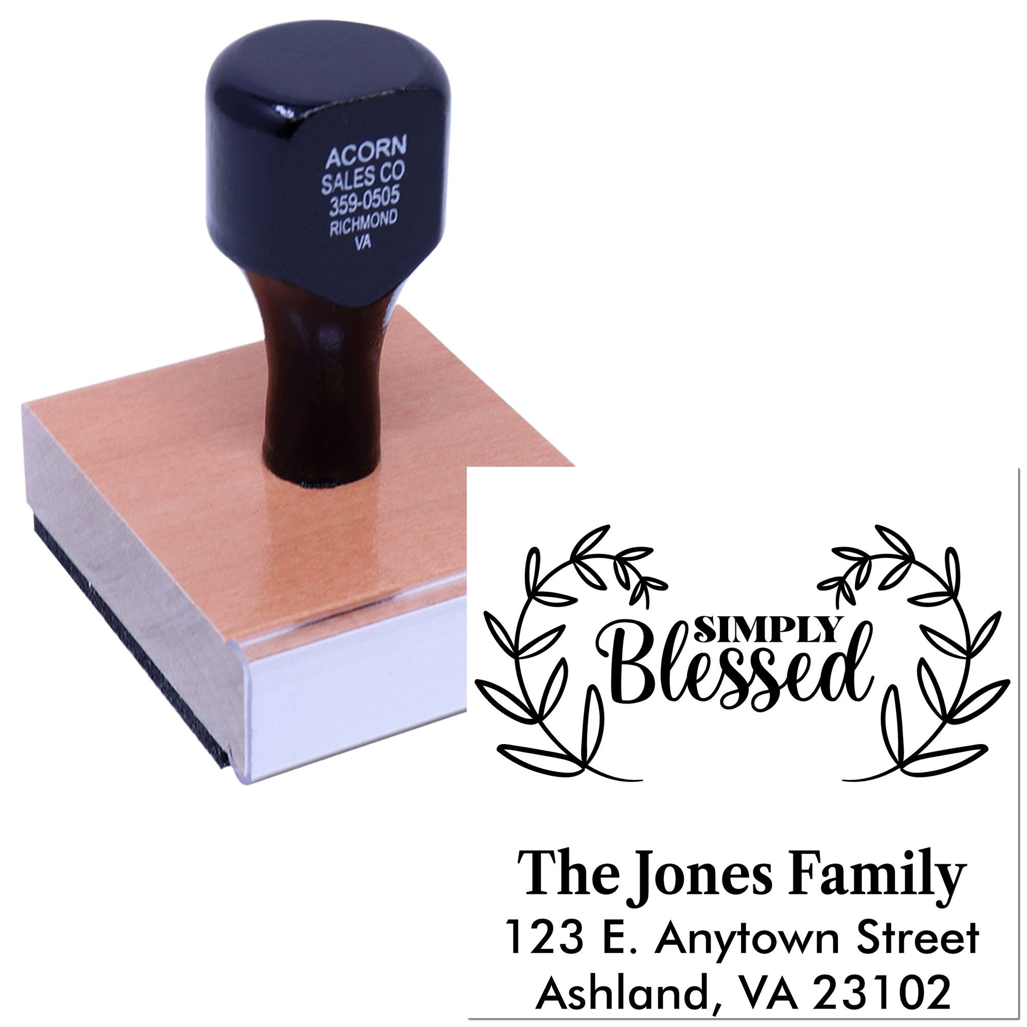 Custom family address rubber stamp with Simply Blessed wreath design and The Jones Family return address.
