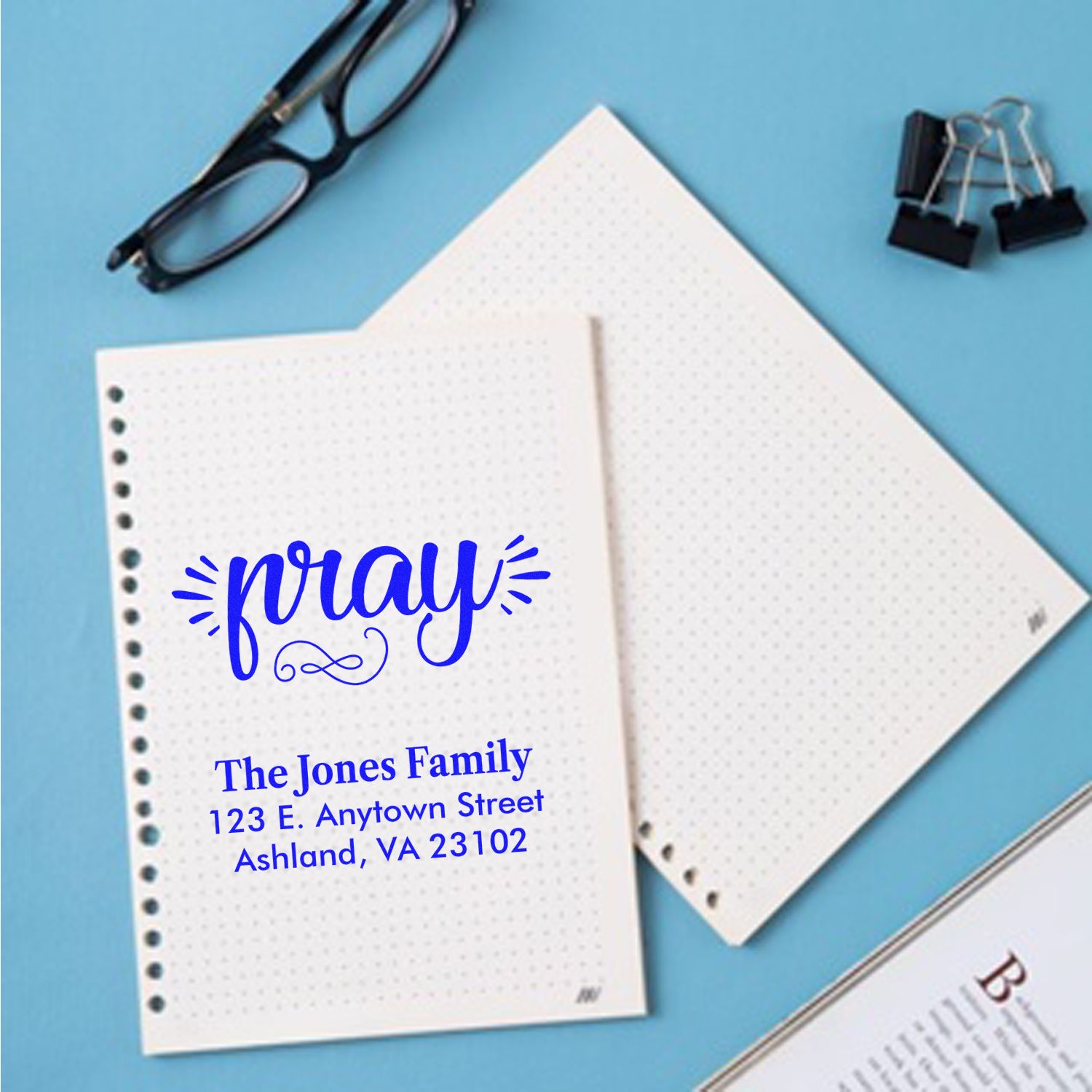 Custom prayer return address rubber stamp for personalized stationery and faith-based correspondence.