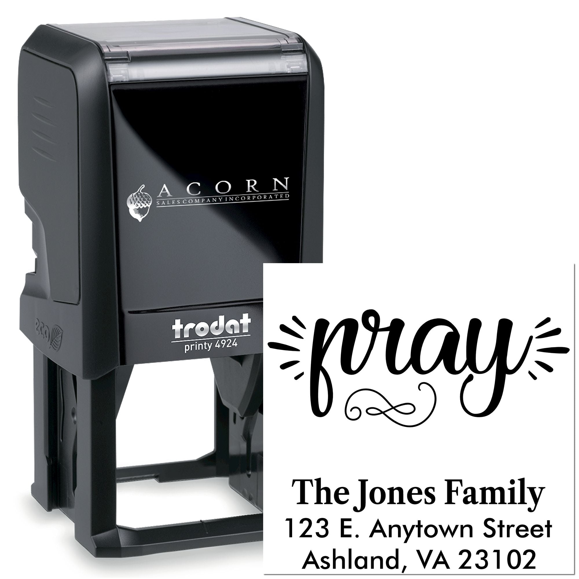 Custom self-inking rubber stamp preview with prayer design and personalized return address for The Jones Family.