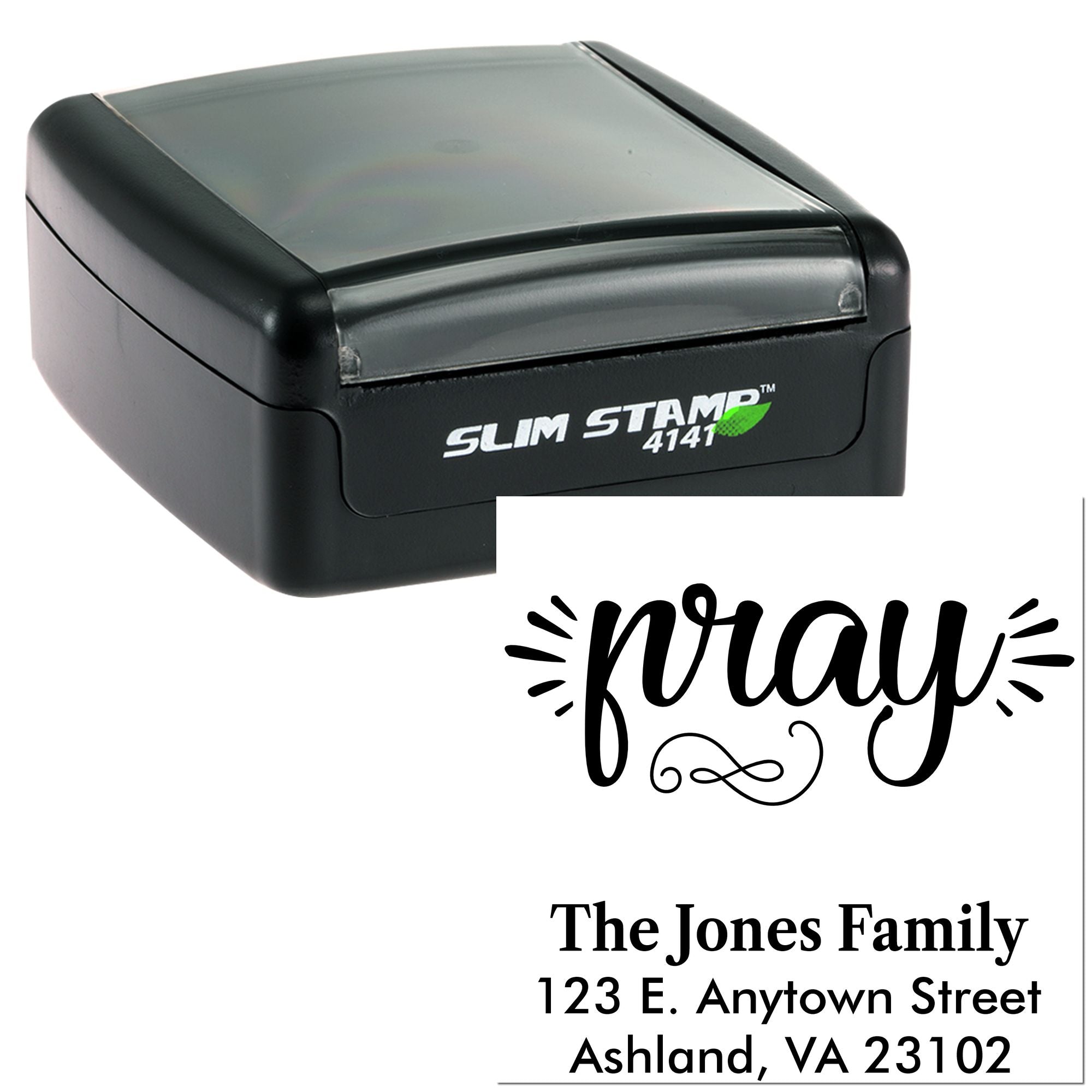 Custom self-inking rubber stamp with pray design and The Jones Family return address for personalized mailings.