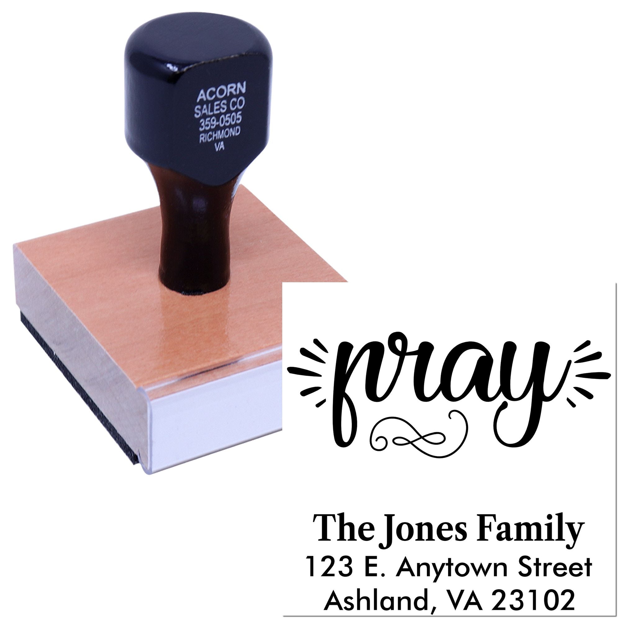 Custom rubber stamp with pray design and family return address for faith-based cards, mailings, and prayer notes.