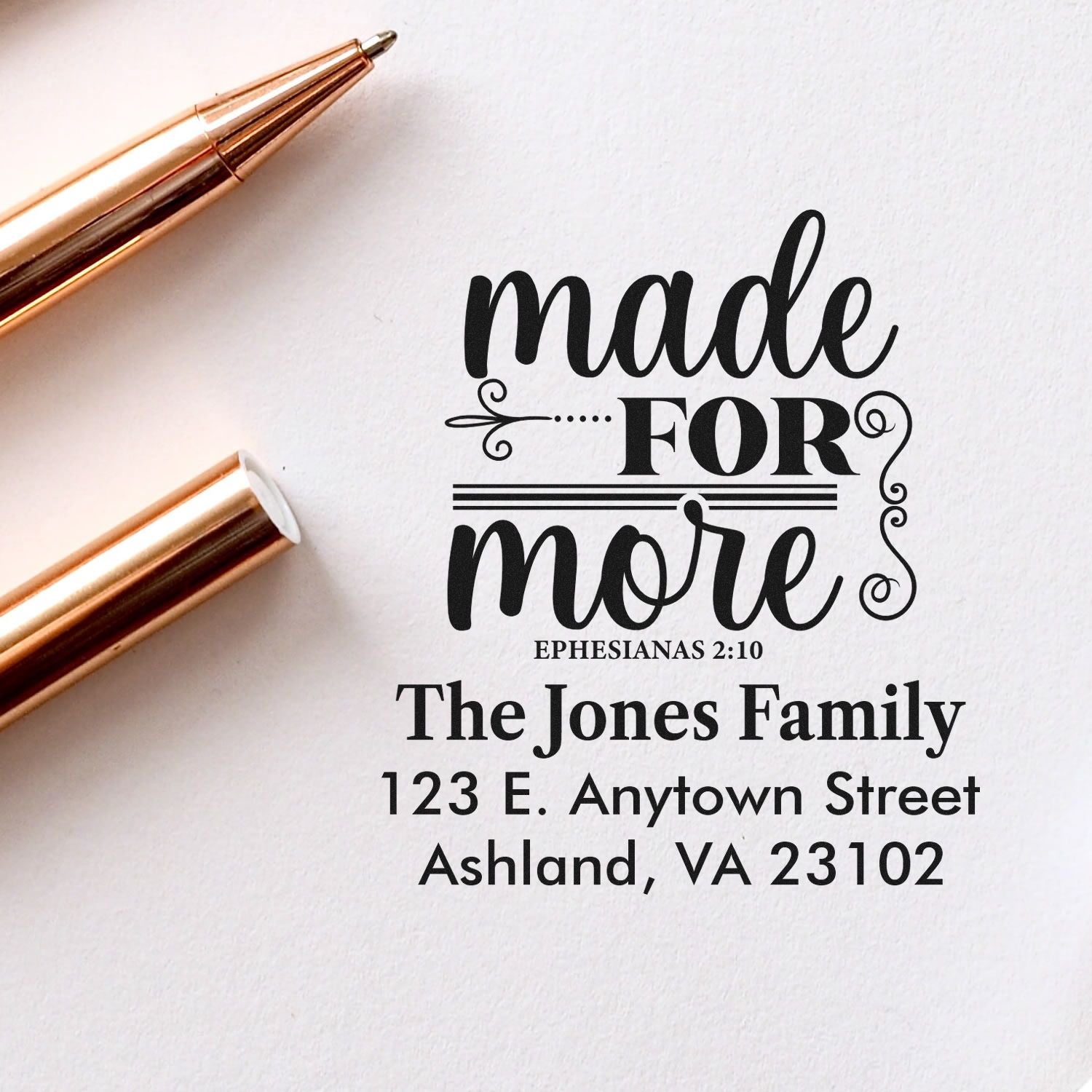 Custom rubber stamp design with Made for More, Ephesians 2:10, family name, and address for personalized Christian return mail.