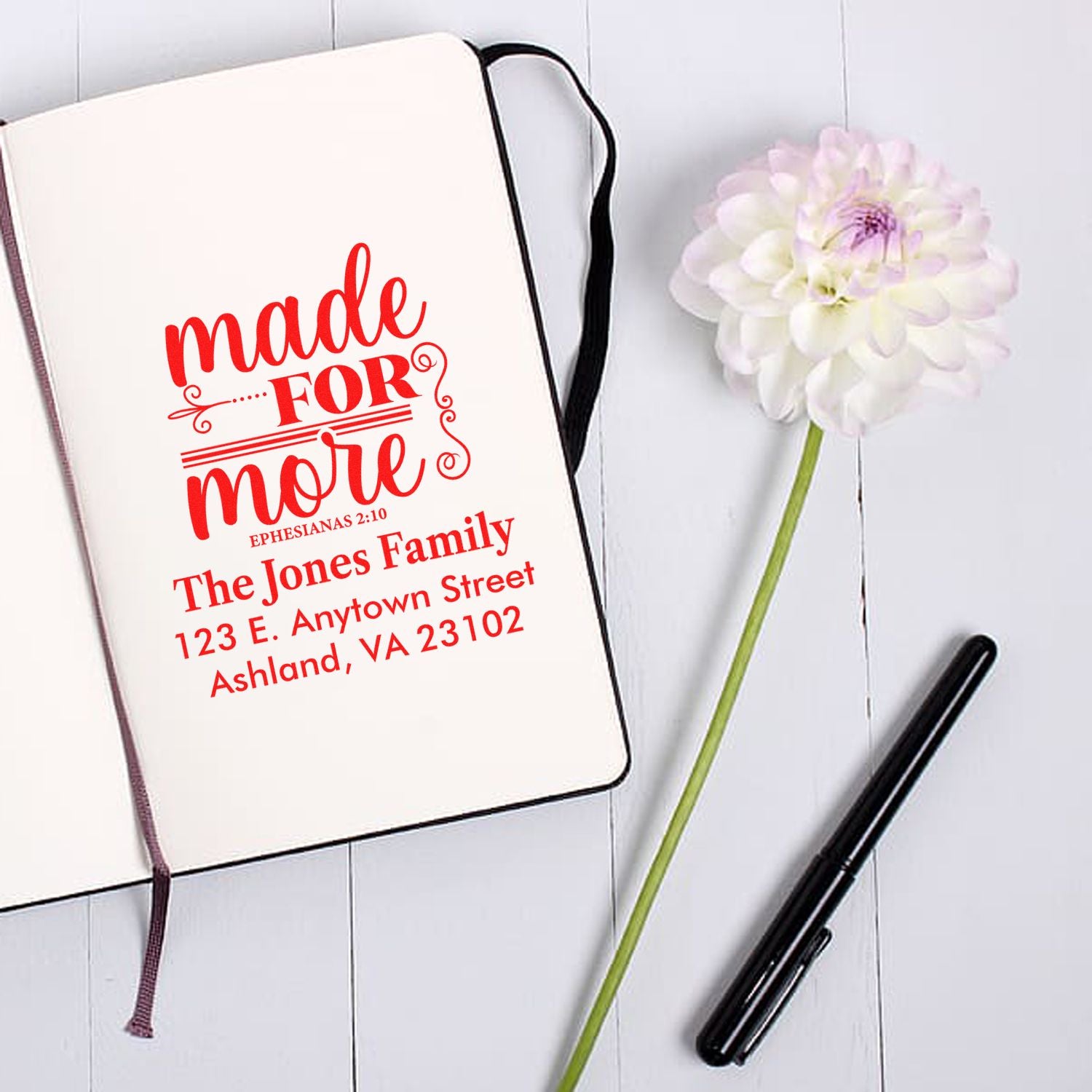 Custom rubber stamp mockup with Made for More personalized family return address design for stationery and gifts.