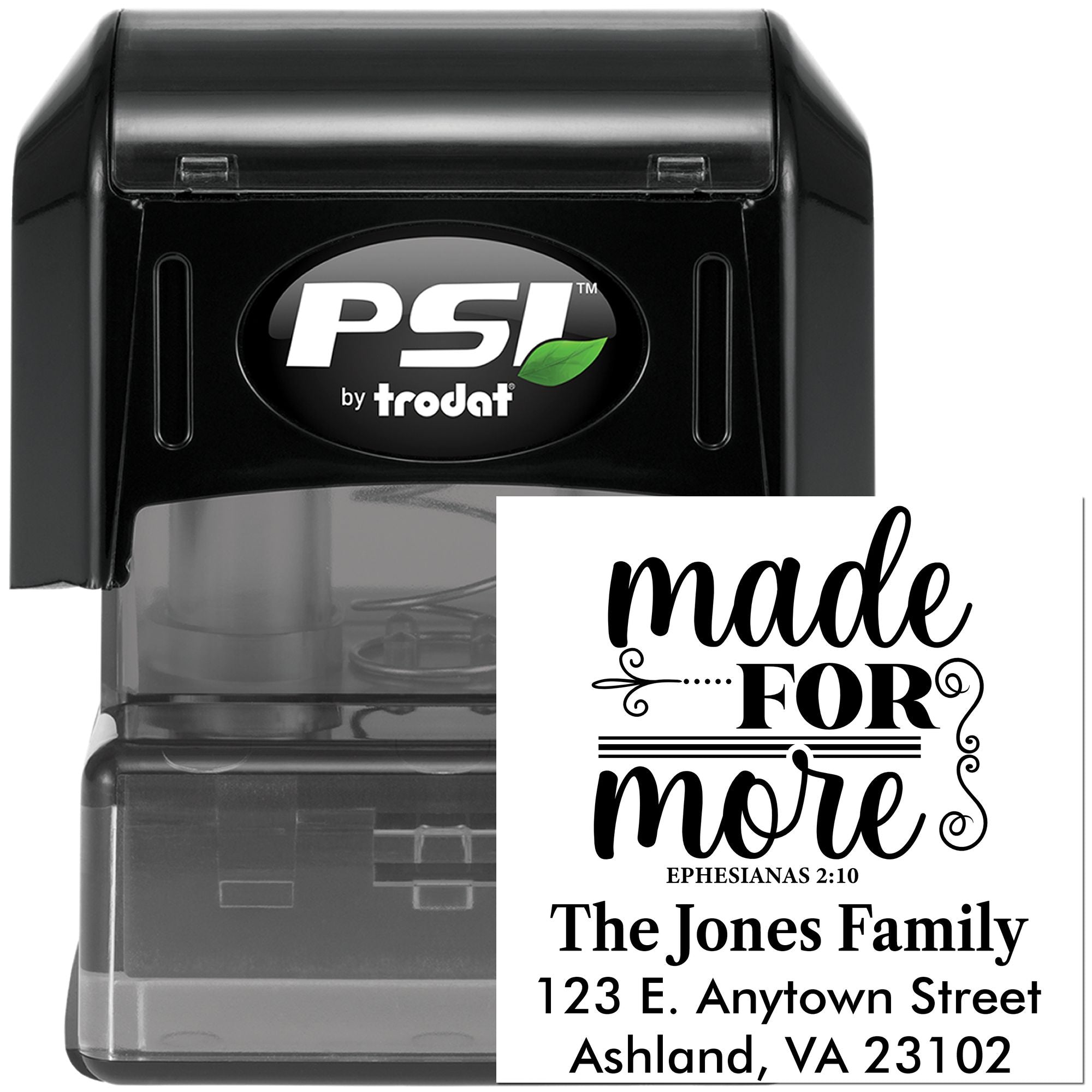 PSI by Trodat custom self-inking rubber stamp with Made for More design, family name, and return address.