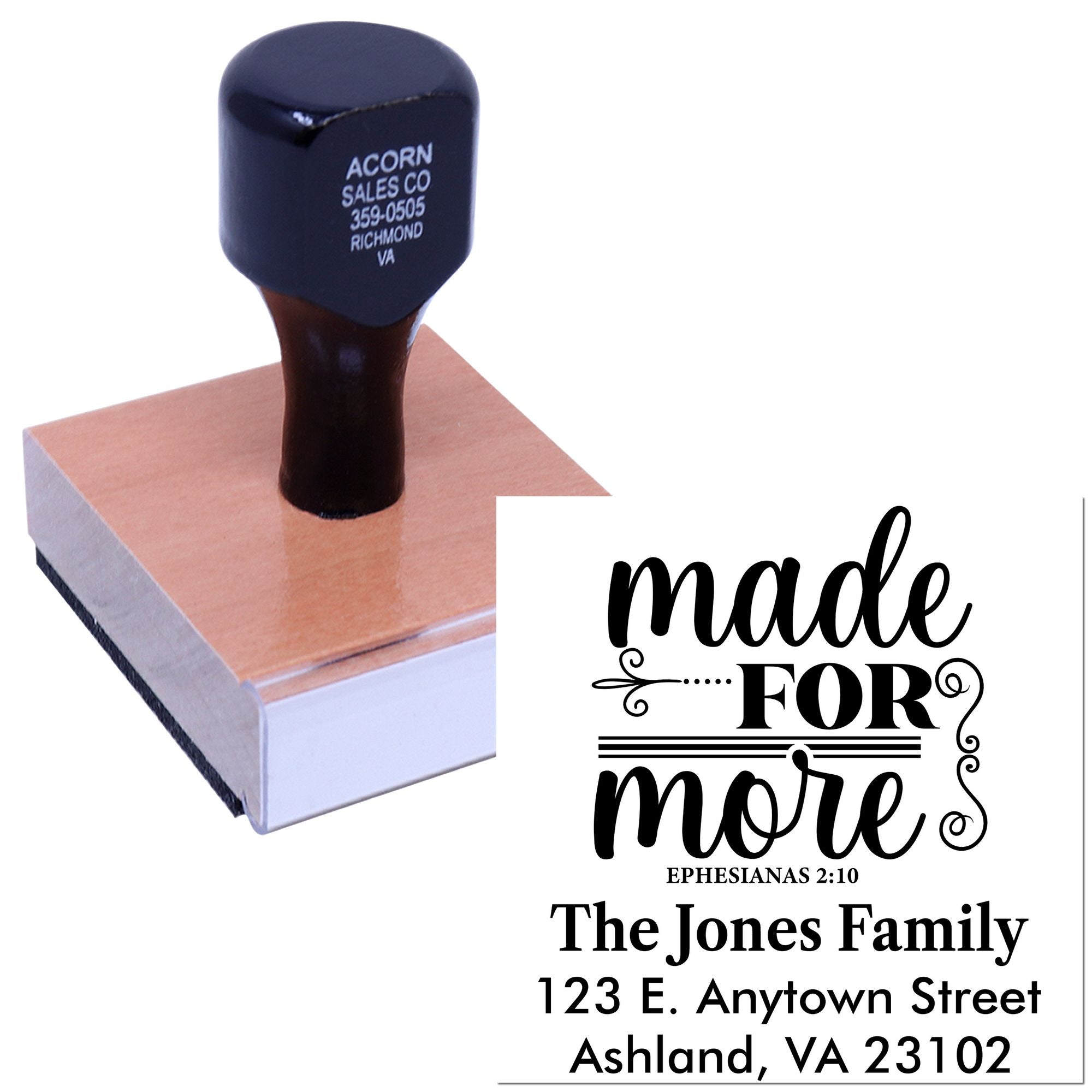 Custom rubber address stamp with Made for More family design, Bible verse, and personalized return address.