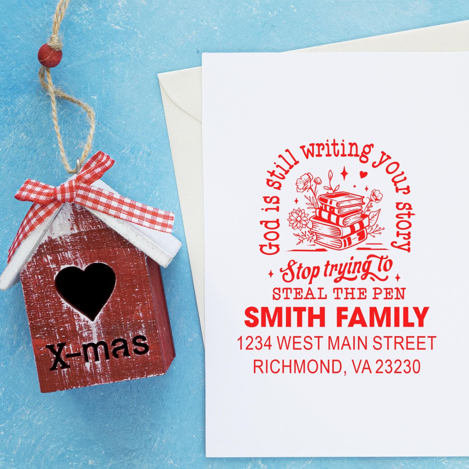 Custom rubber stamp for personalized family stationery, featuring a book-themed return address design and playful handwritten message.