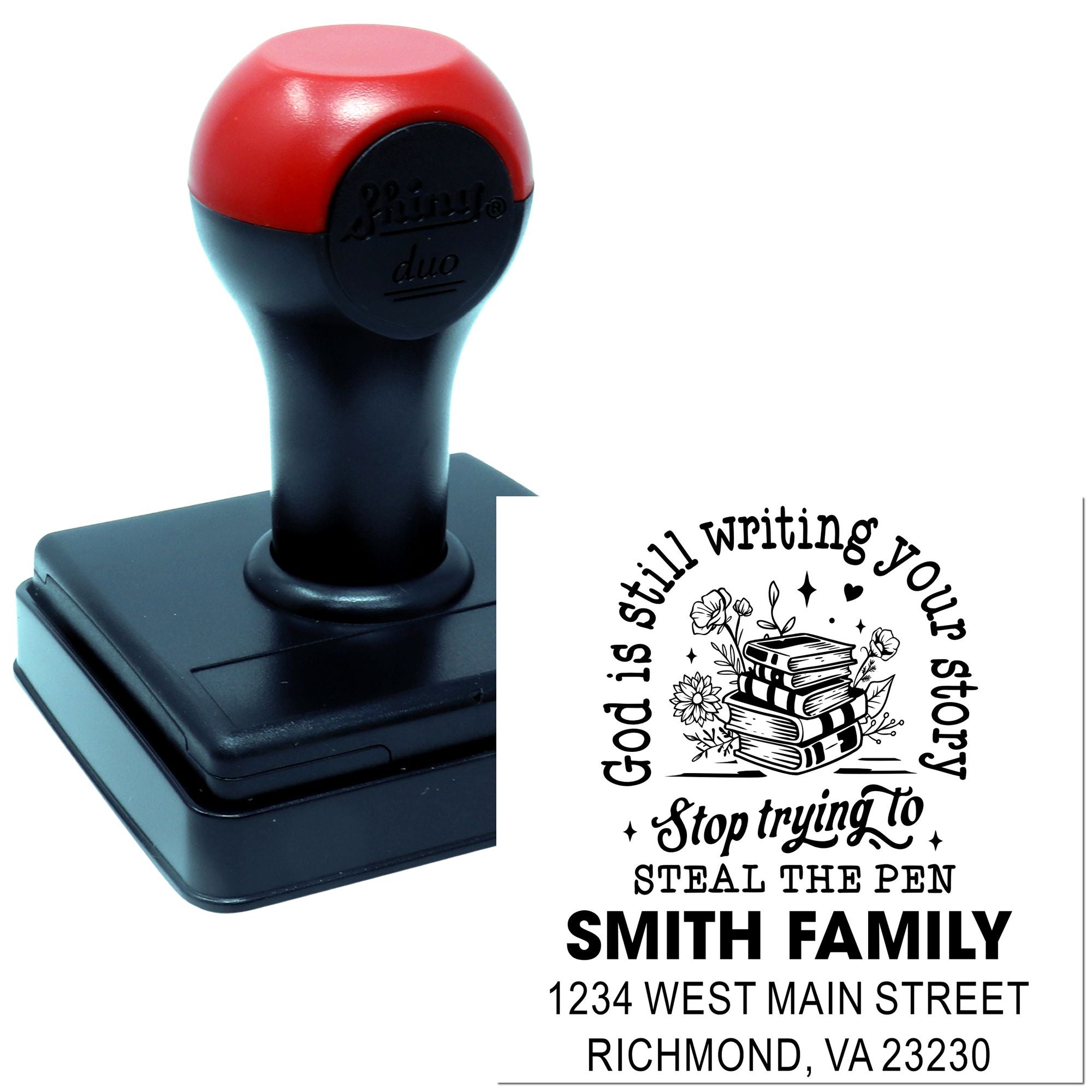 Custom self-inking rubber stamp with personalized return address and quote design for family stationery and mailings.