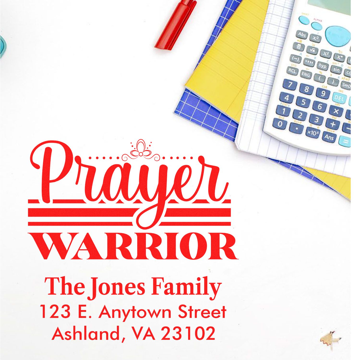 Custom Prayer Warrior rubber stamp with family name and address for church notes, faith-based stationery, and mailings.