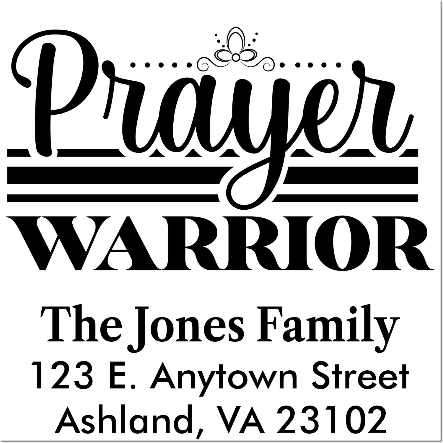 Custom Prayer Warrior rubber stamp design with The Jones Family name and return address for personalized Christian mail use.