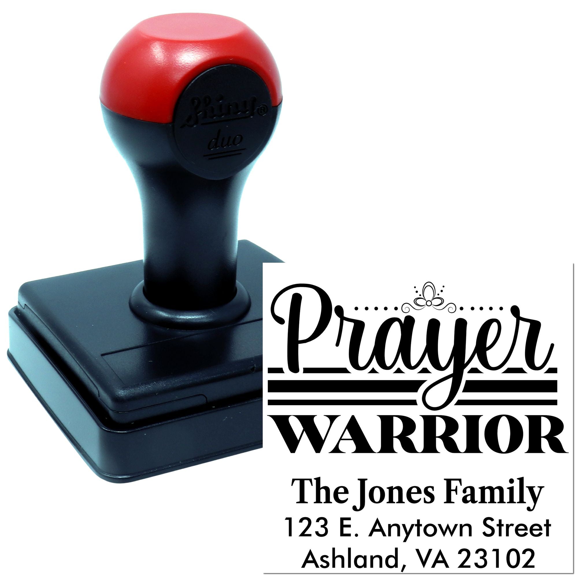 Custom self-inking rubber stamp with Prayer Warrior design and family return address for personalized faith-themed mailing.