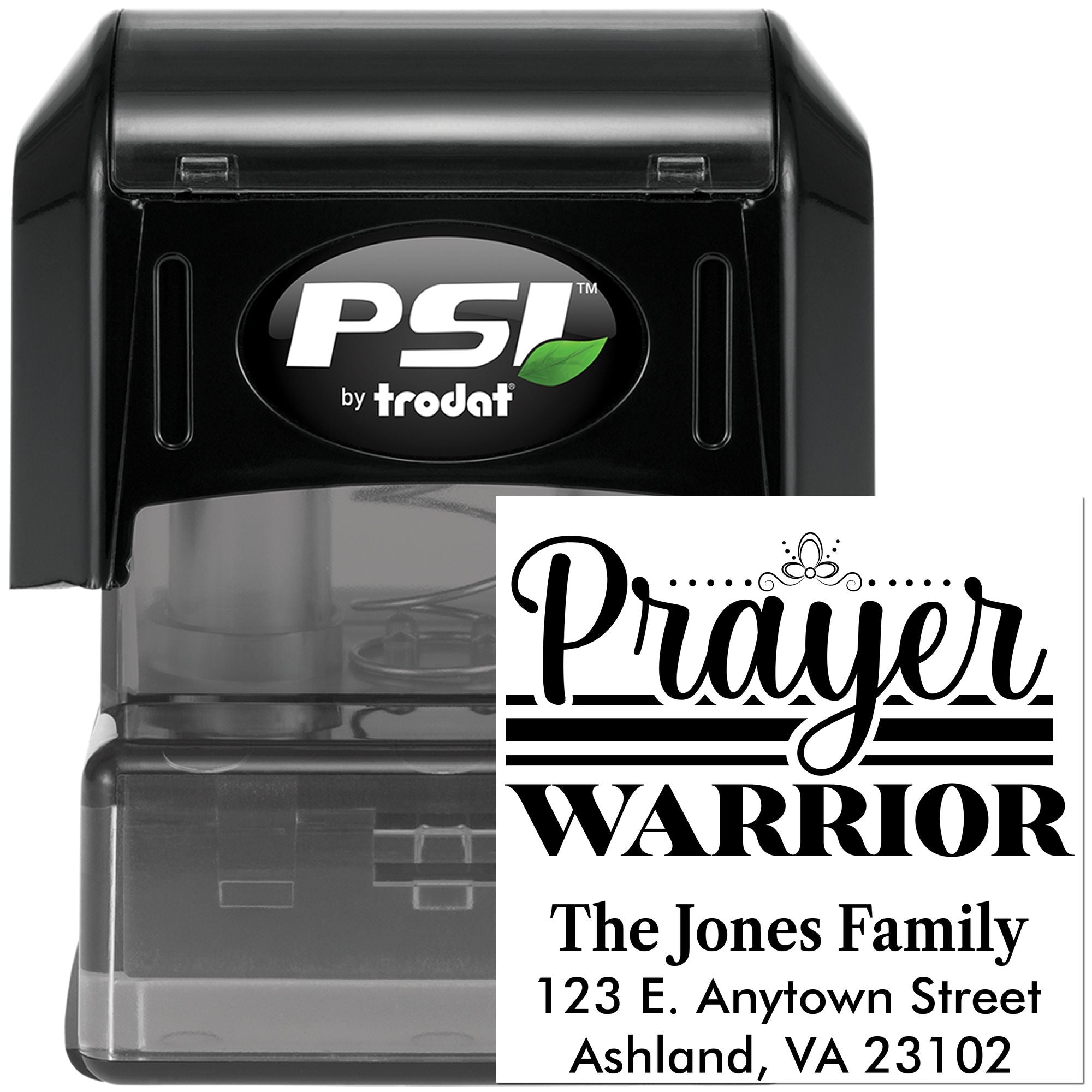 Custom self-inking rubber stamp by PSI by Trodat featuring Prayer Warrior and family address for faith-based mailings.