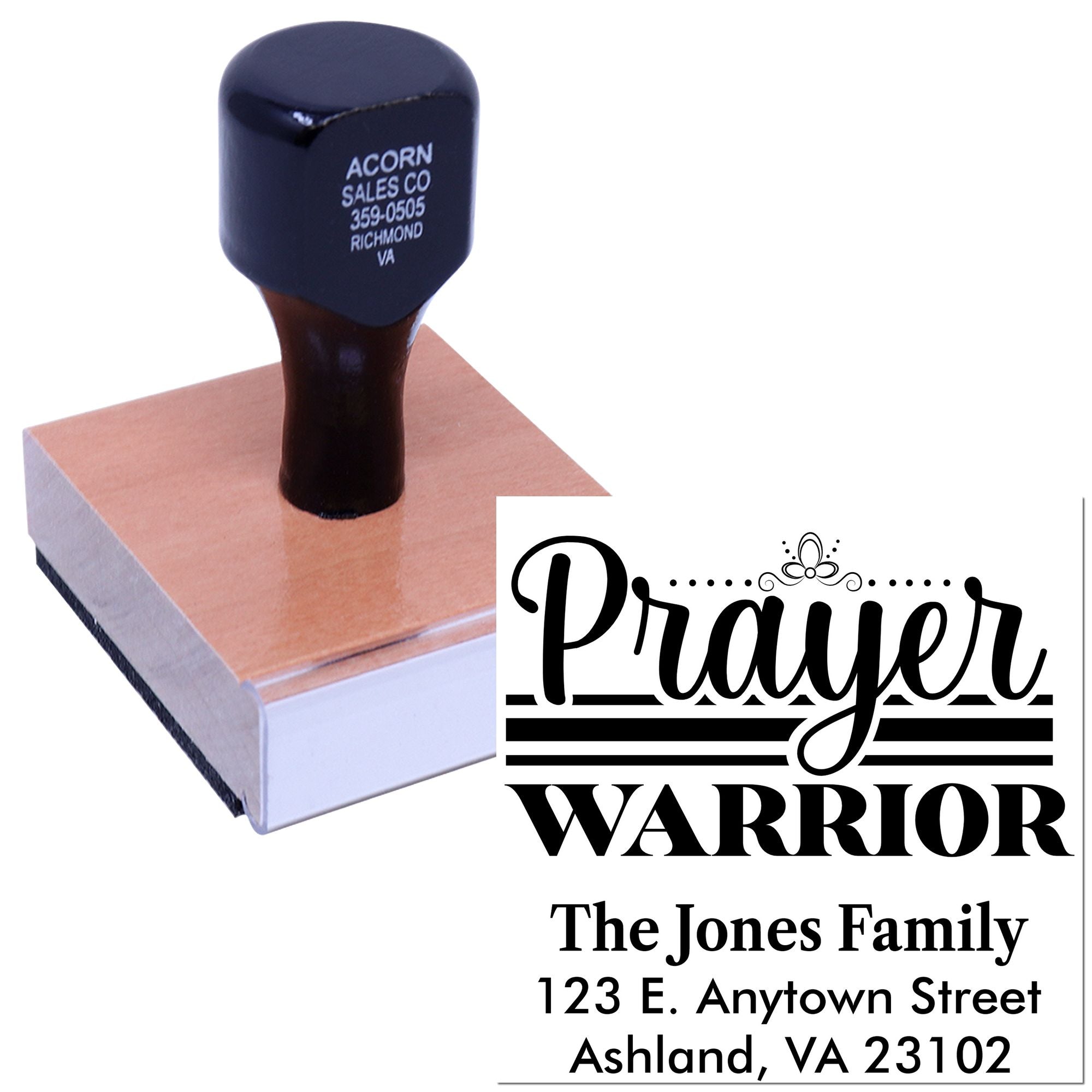 Custom personalized rubber stamp with Prayer Warrior design and family address for faith-based mailing and stationery.