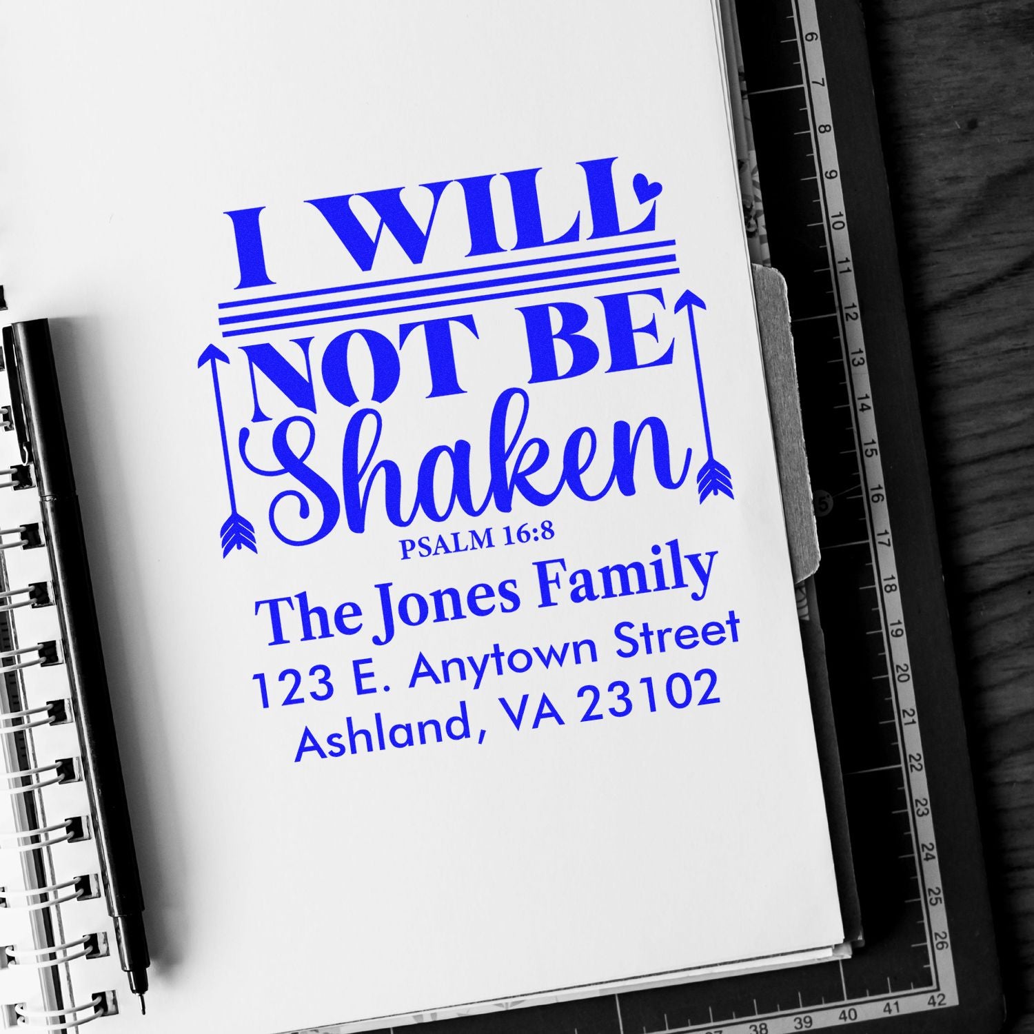 Personalized Psalm 16:8 faith-based rubber stamp with I Will Not Be Shaken and custom family return address.