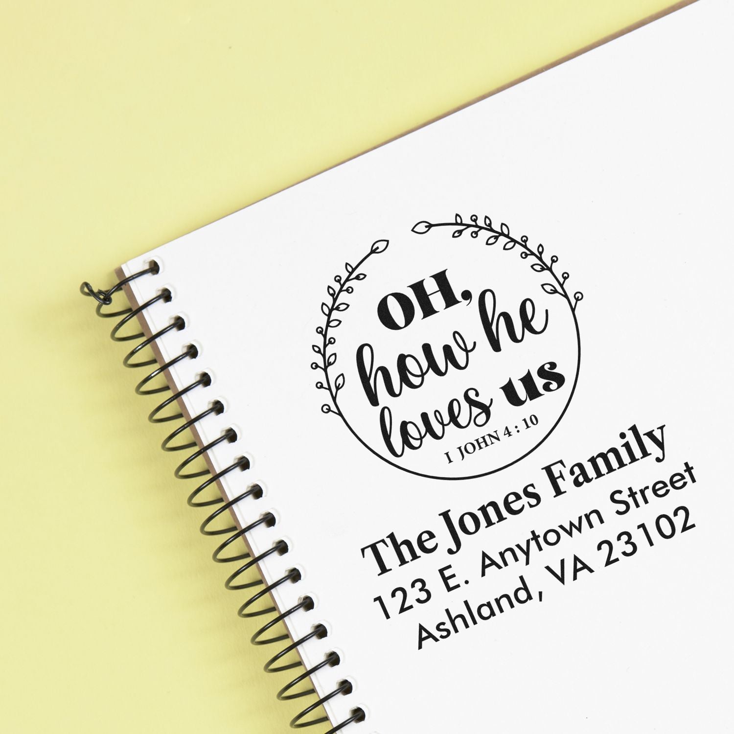 Custom return address rubber stamp with faith quote, Oh, how he loves us, for The Jones Family.
