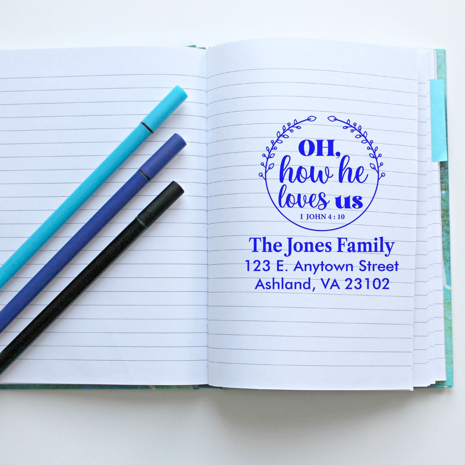 Custom Christian return address rubber stamp with scripture quote, Oh, how he loves us, personalized family name and address.