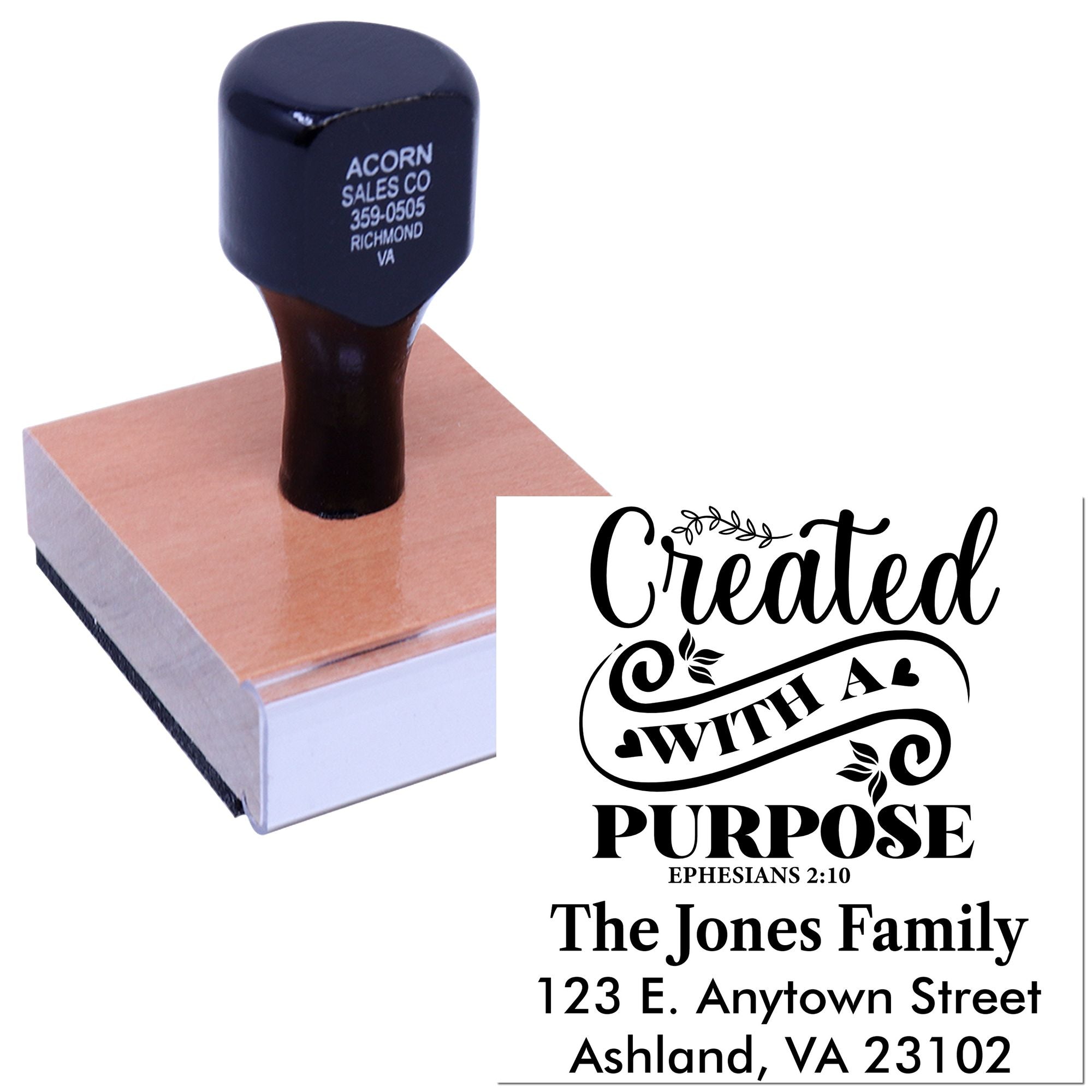 Custom rubber stamp with inspirational Created with a Purpose text and personalized family address.