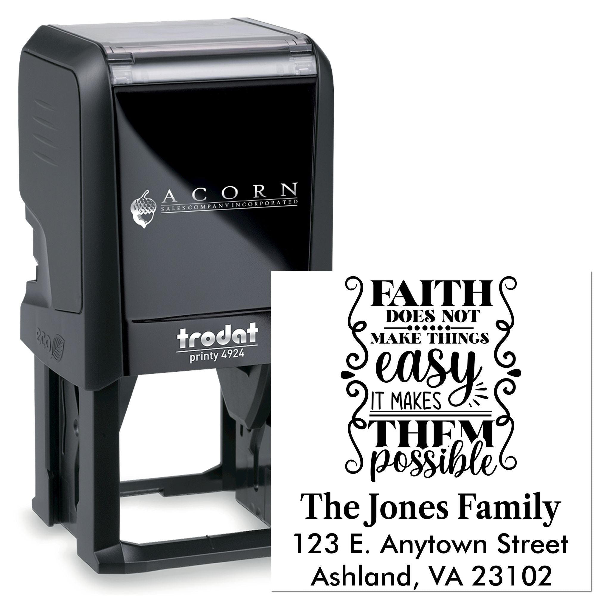 Trodat Printy 4924 custom self-inking rubber stamp with faith quote and family address for personalized mail.