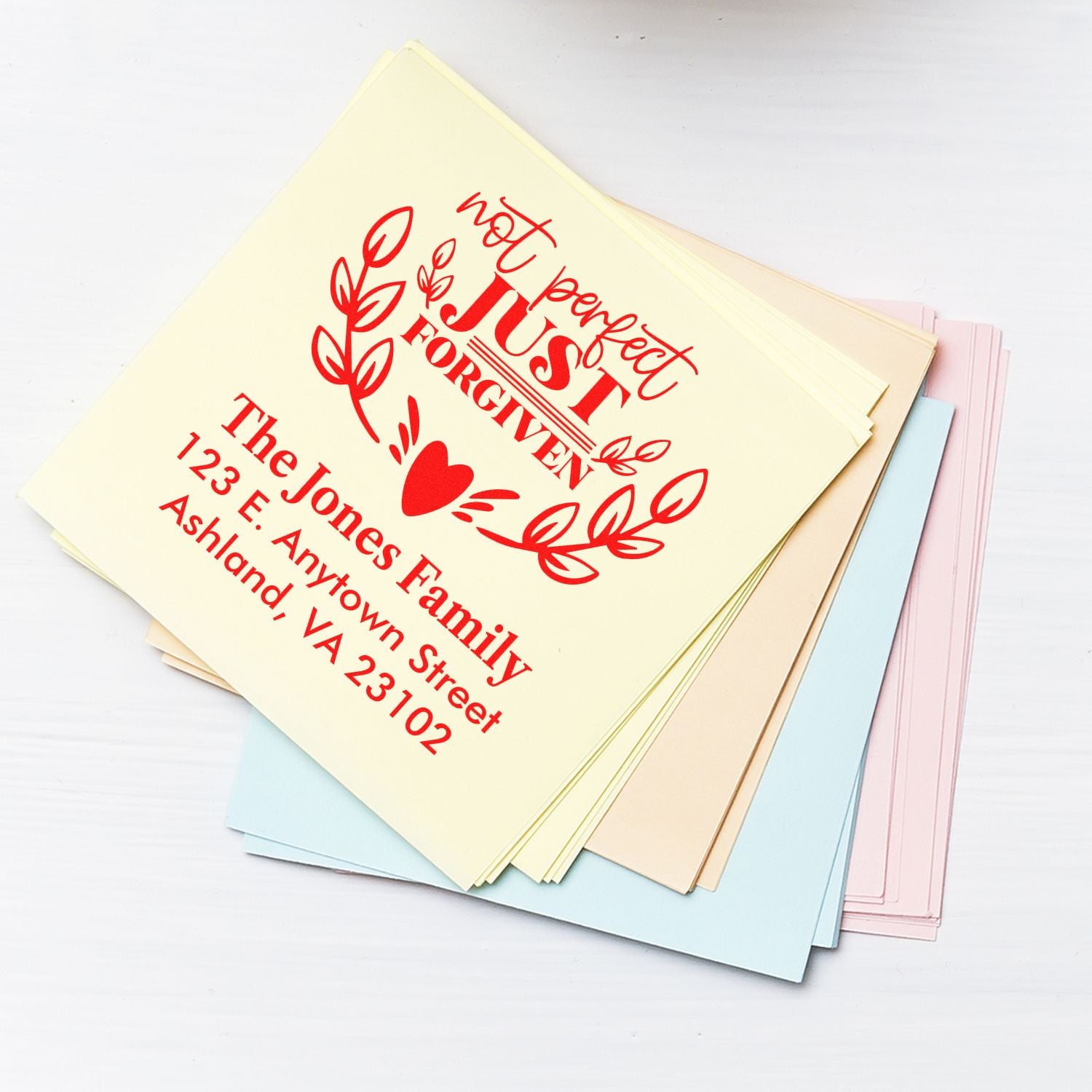 Custom return address rubber stamp with Not Perfect Just Forgiven design for envelopes, cards, and Christian stationery.
