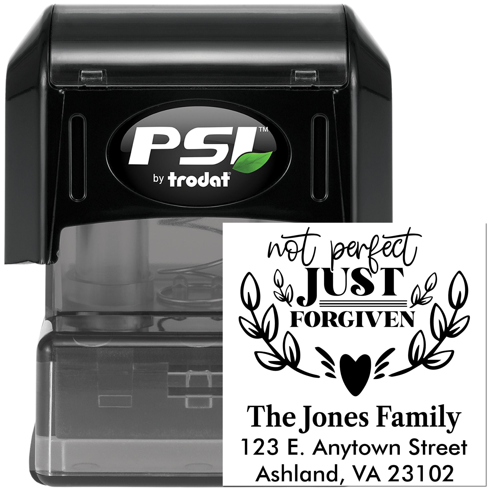 PSI by Trodat self-inking custom rubber stamp with Not Perfect, Just Forgiven family address design