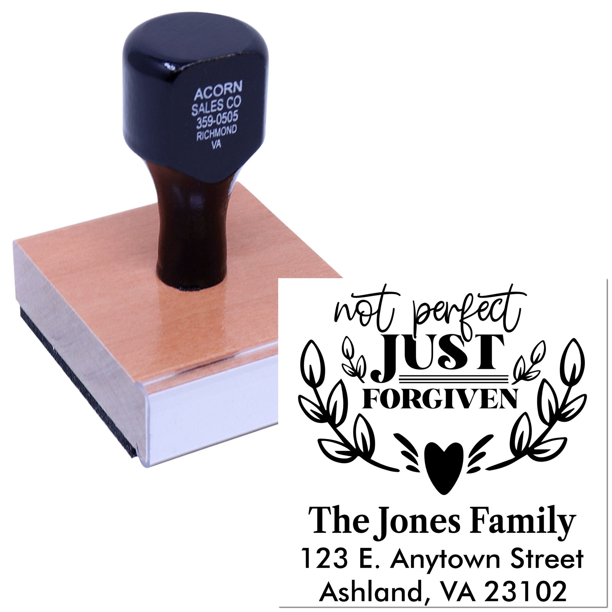 Custom wooden address rubber stamp with Not Perfect, Just Forgiven family return address design.
