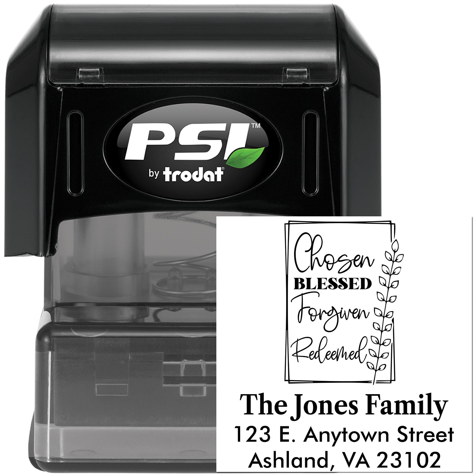 PSI by Trodat self-inking rubber stamp with custom Christian family return address design, Chosen Blessed Forgiven Redeemed.