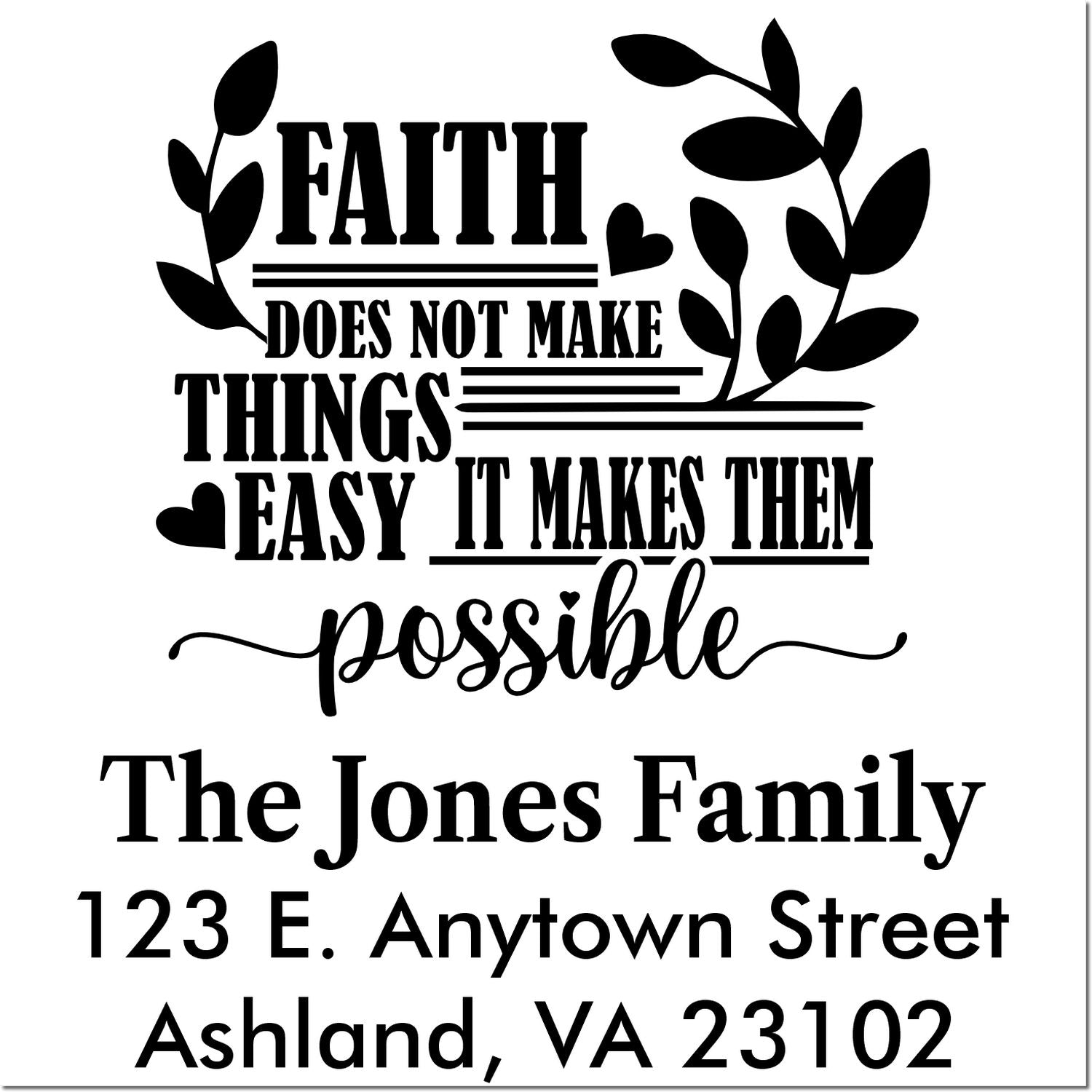 Custom faith rubber stamp design with leaves, quote, and personalized family address for The Jones Family, Ashland VA 23102.