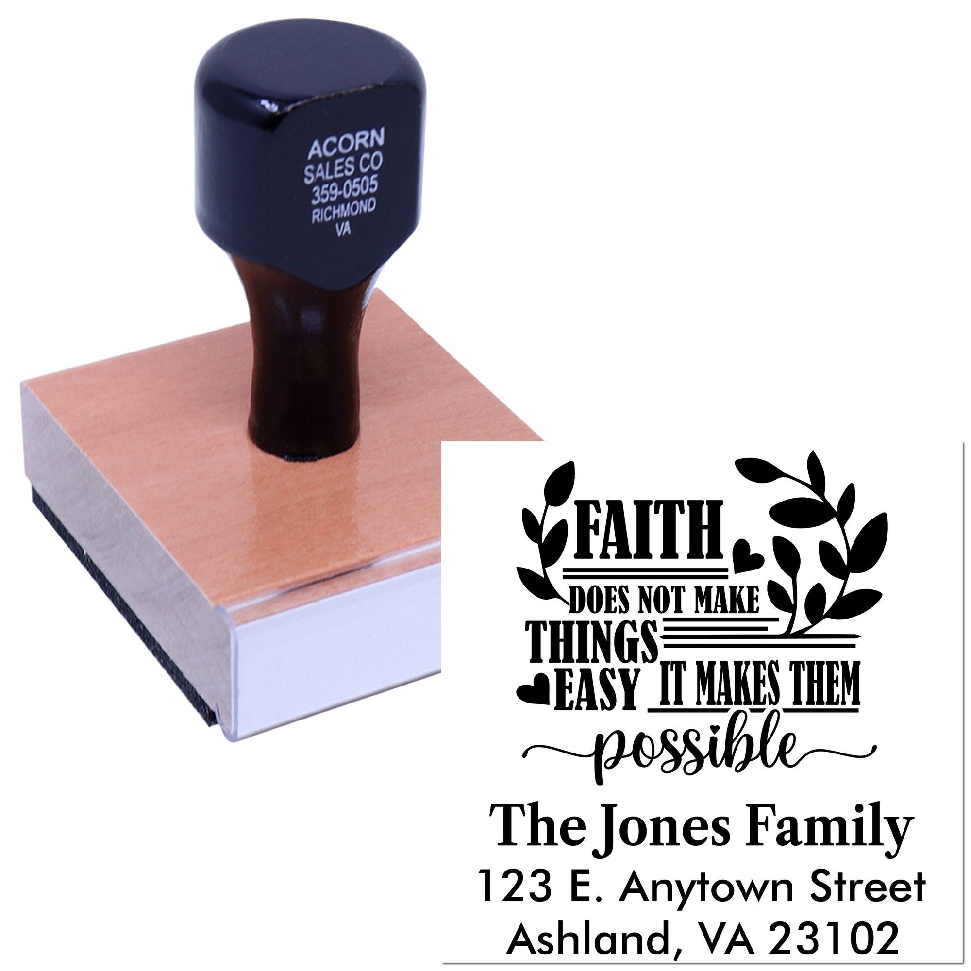 Custom rubber stamp with faith quote and family address, perfect for personalized return address labels and inspirational mailings.