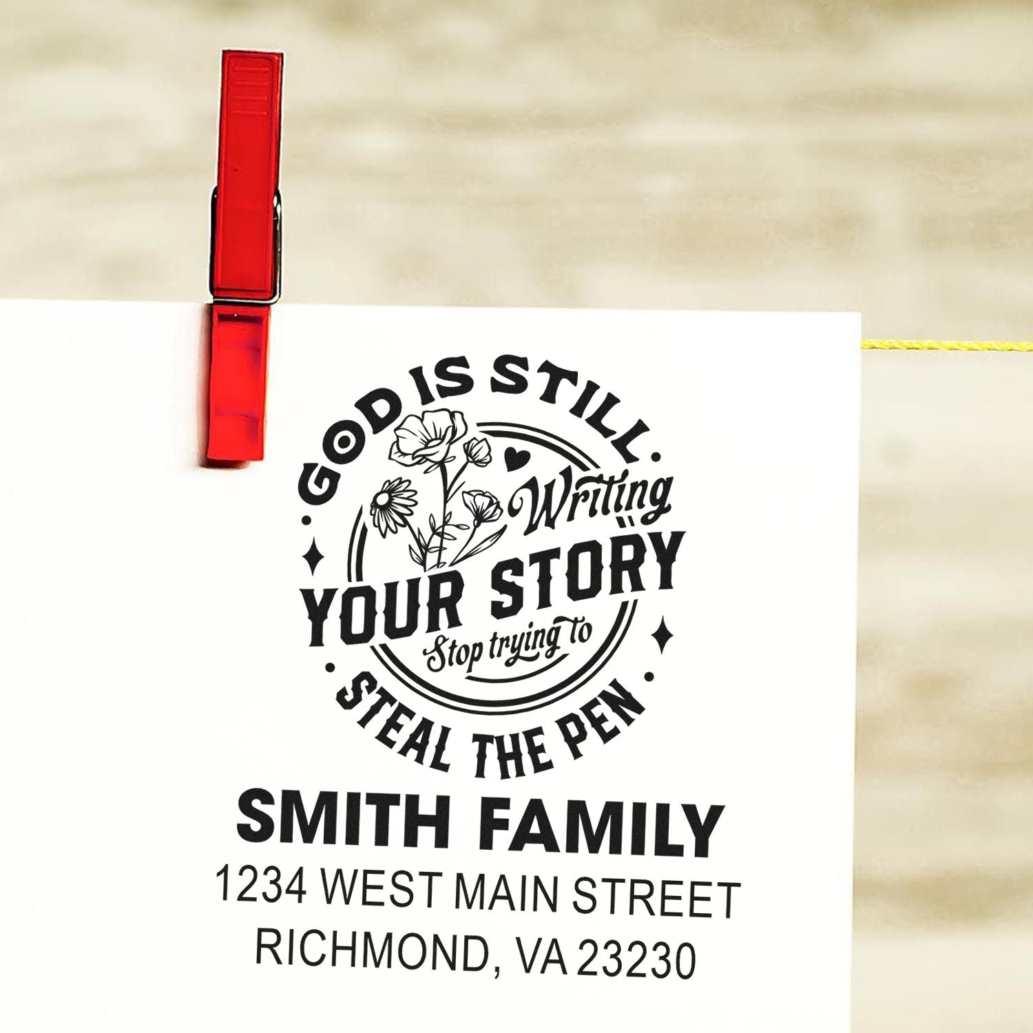 Personalized family return address rubber stamp with floral quote design and Smith family address for envelopes.