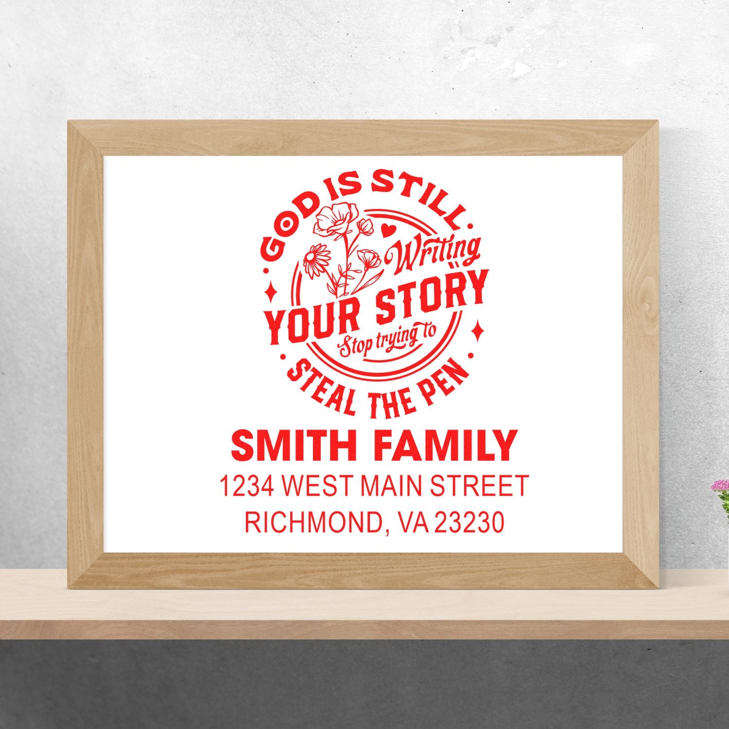 Personalized family address rubber stamp design with inspirational quote, Smith Family name, and Richmond, VA return address.