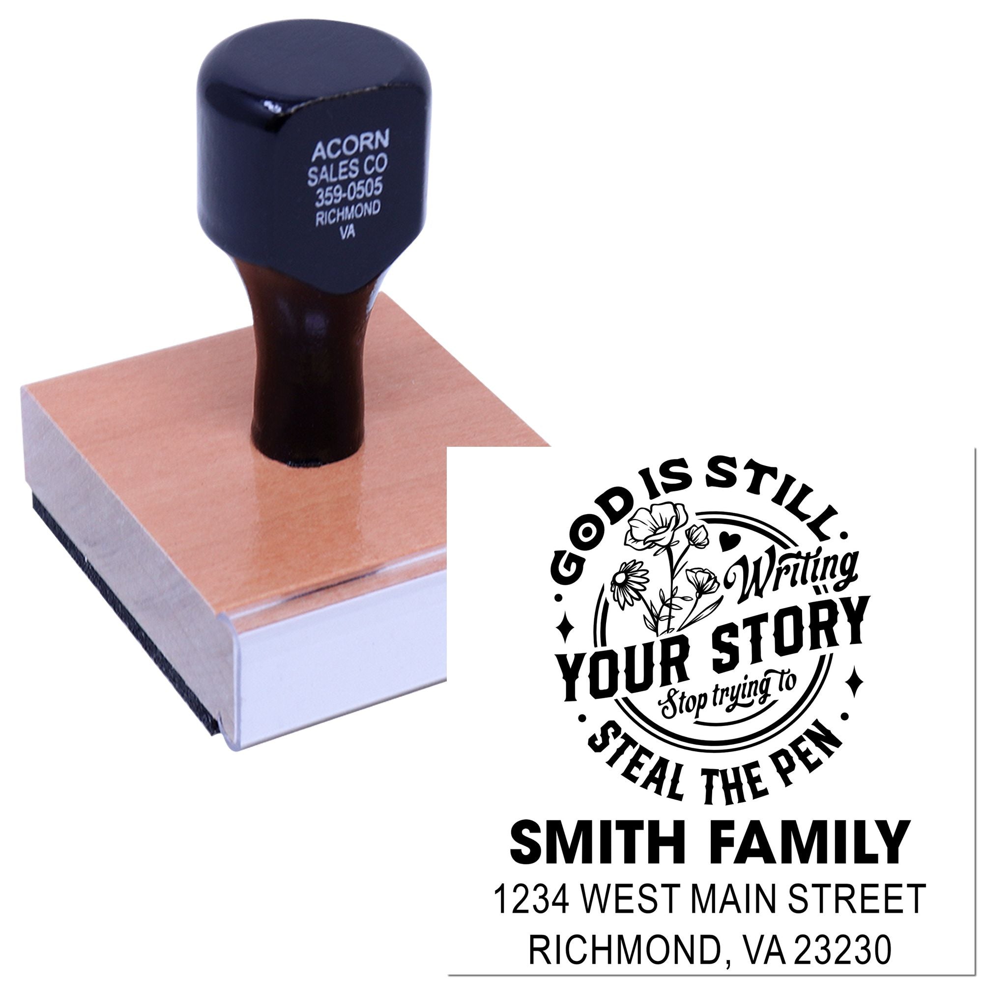 Custom rubber stamp with personalized family address and inspirational quote design for envelopes, cards, and stationery.